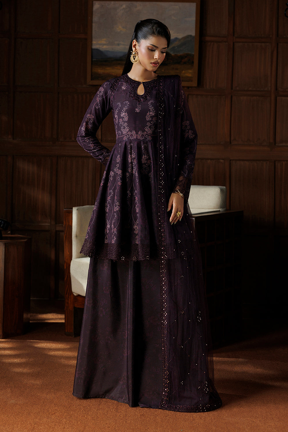 Aubergine Purple Embroidered Silk Blend 3 Piece Suit SL-26-23