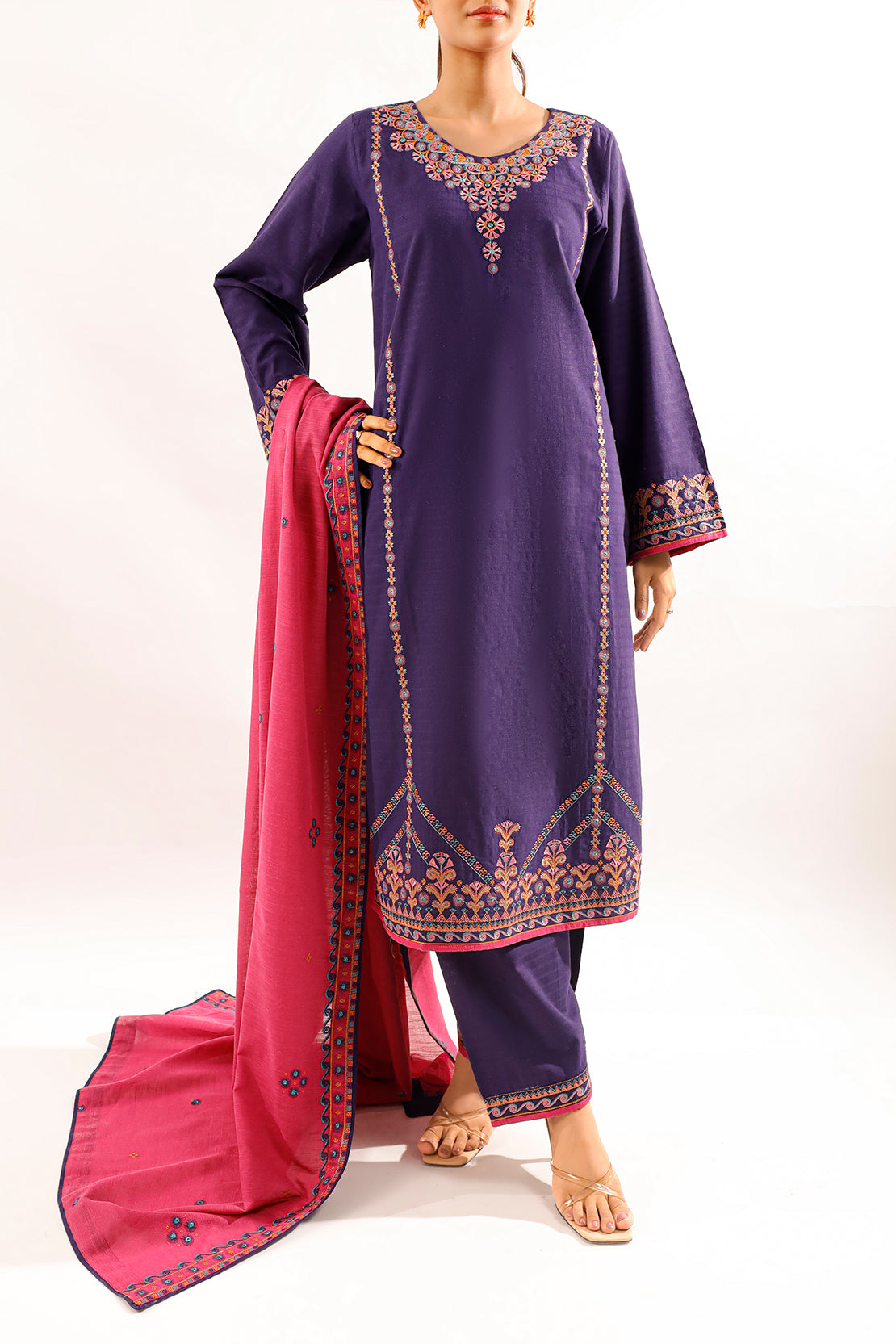 Solid Embroidered Slub Cotton Stitched 2 Piece (Shirt/Trouser)72934