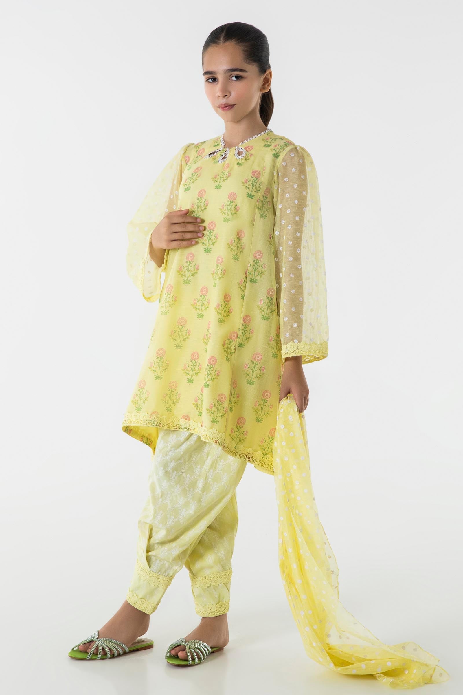 Stitched Kids Yellow Dyed Shirt + Shalwar + Dupatta