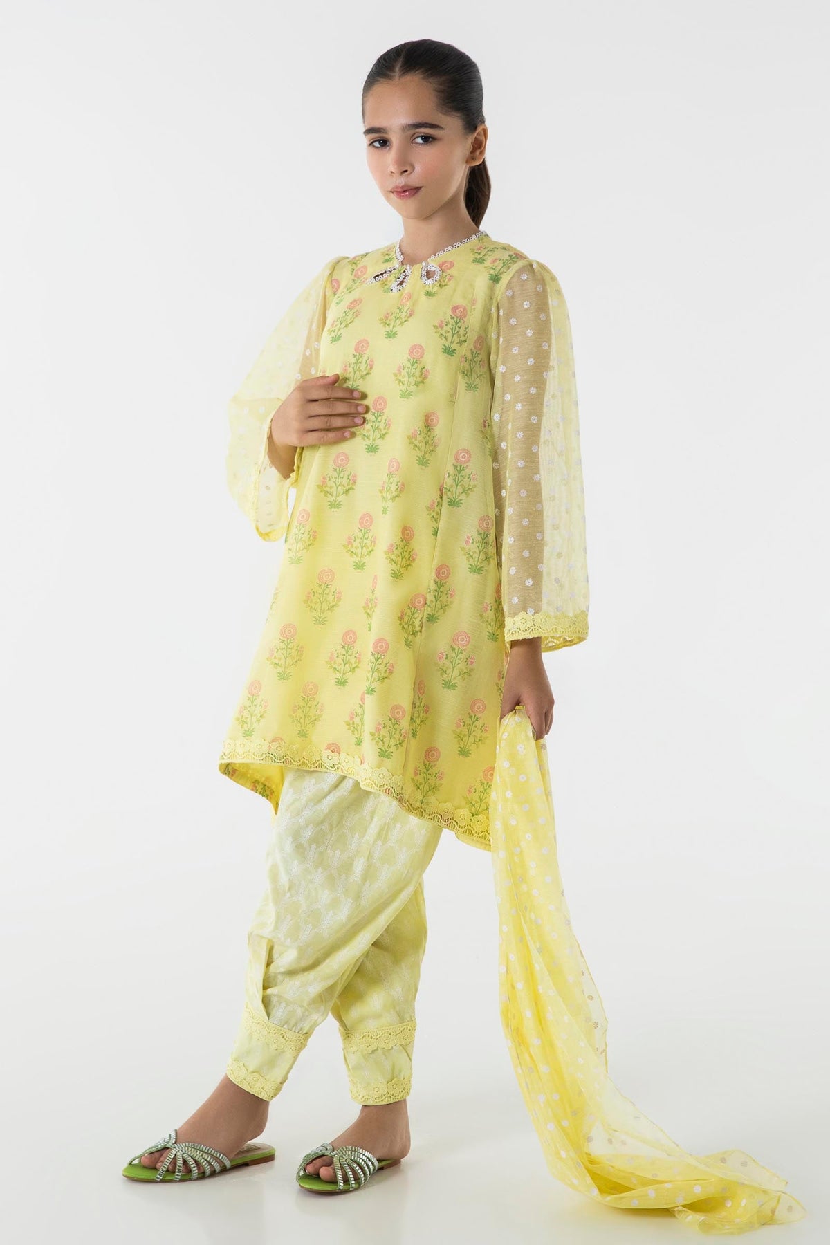 Stitched Kids Yellow Dyed Shirt + Shalwar + Dupatta