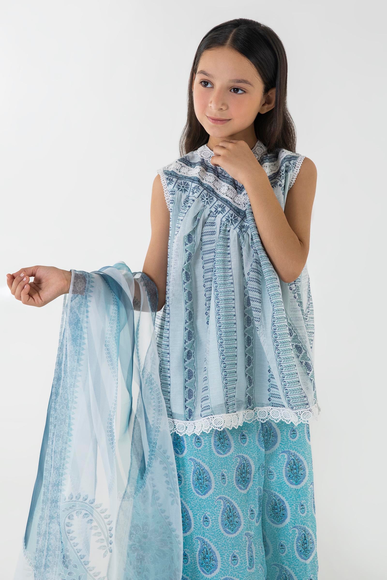 Stitched Kids Blue Embroidered Shirt + Pant + Dupatta