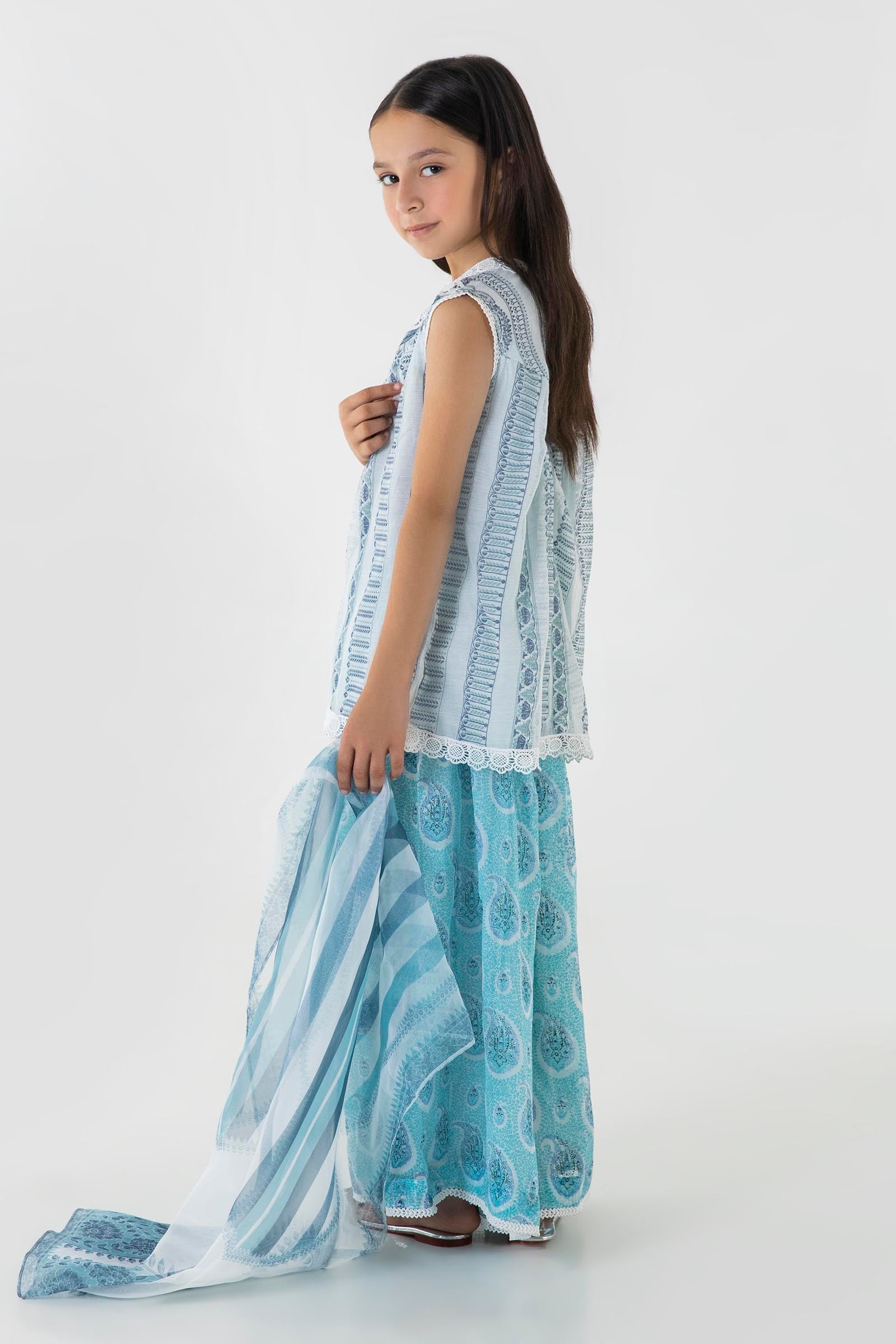 Stitched Kids Blue Embroidered Shirt + Pant + Dupatta