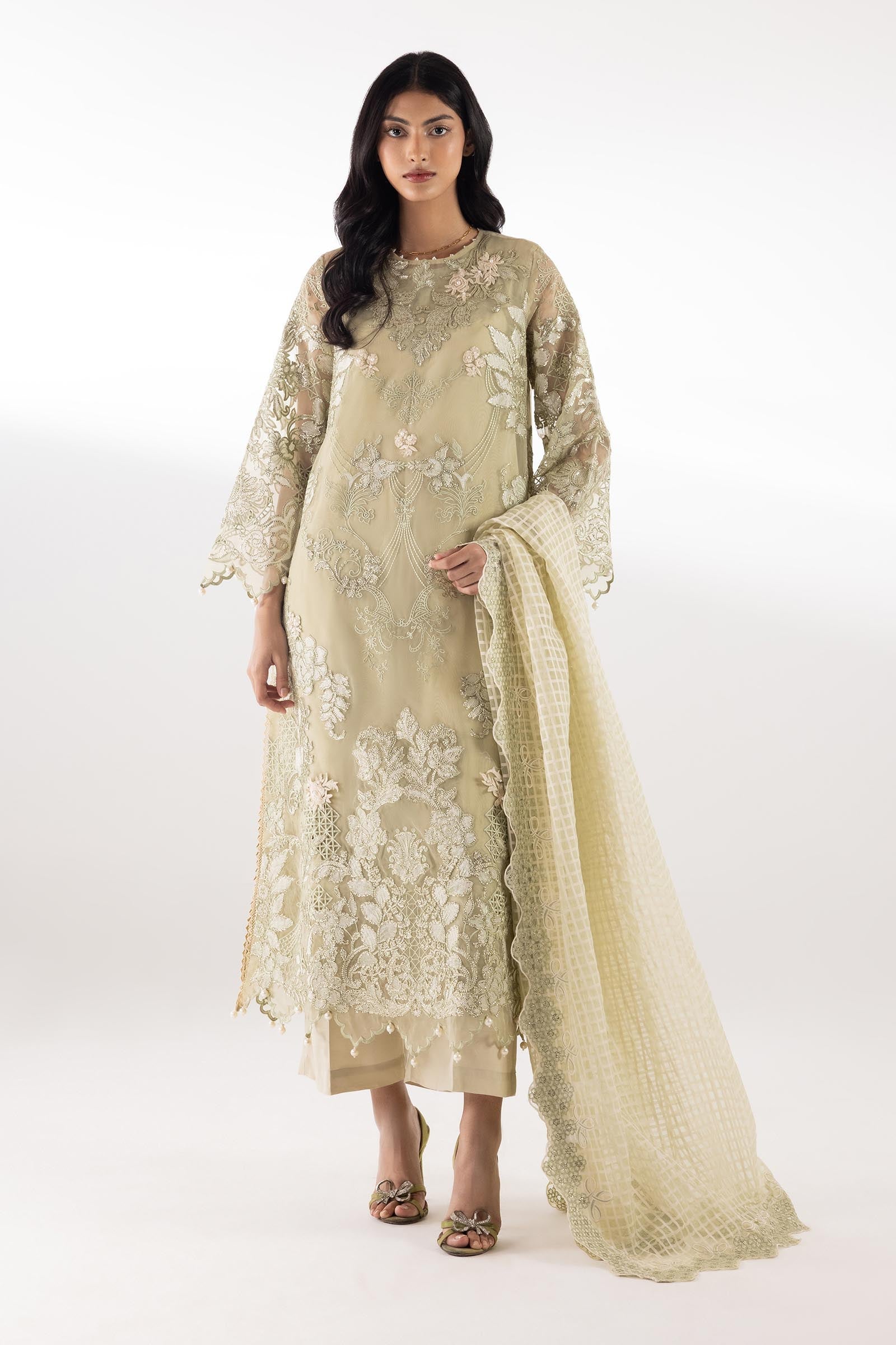 Stitched Embroidered Organza Shirt+ Culotte