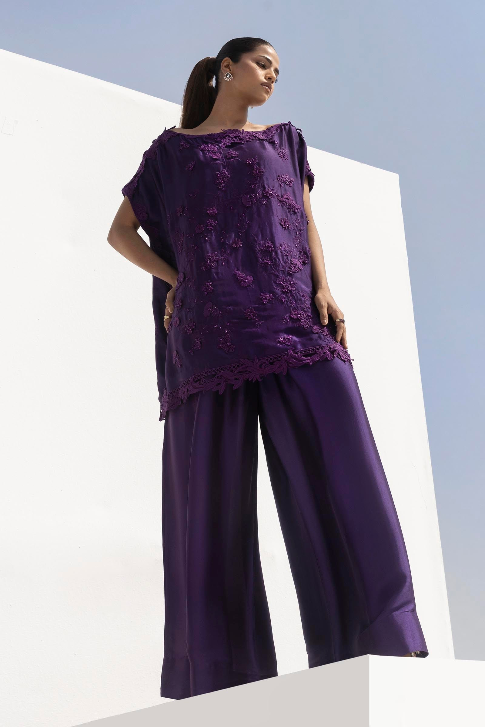 Stitched Formal Embroidered Purple Shirt + Flared Bottom