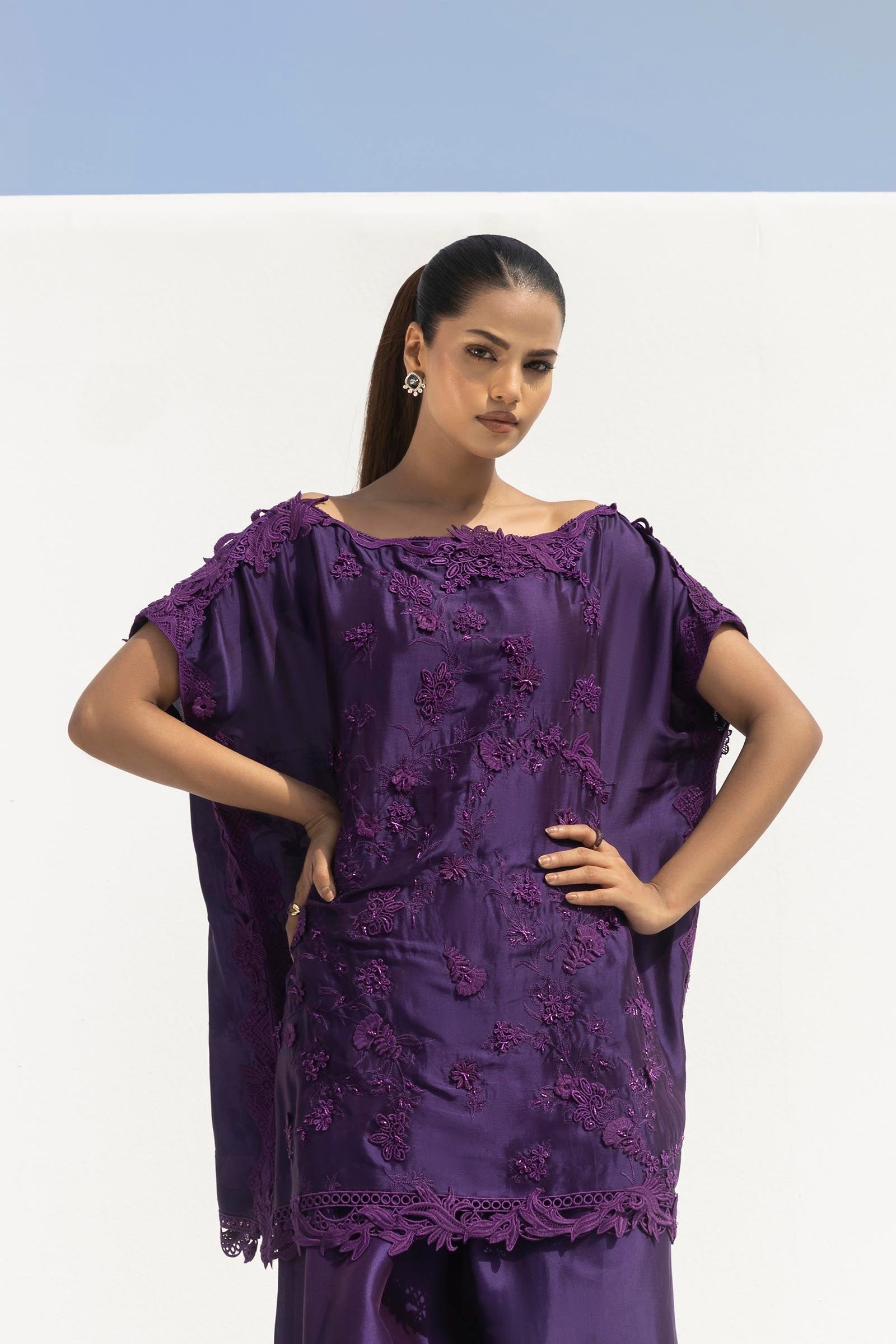Stitched Formal Embroidered Purple Shirt + Flared Bottom