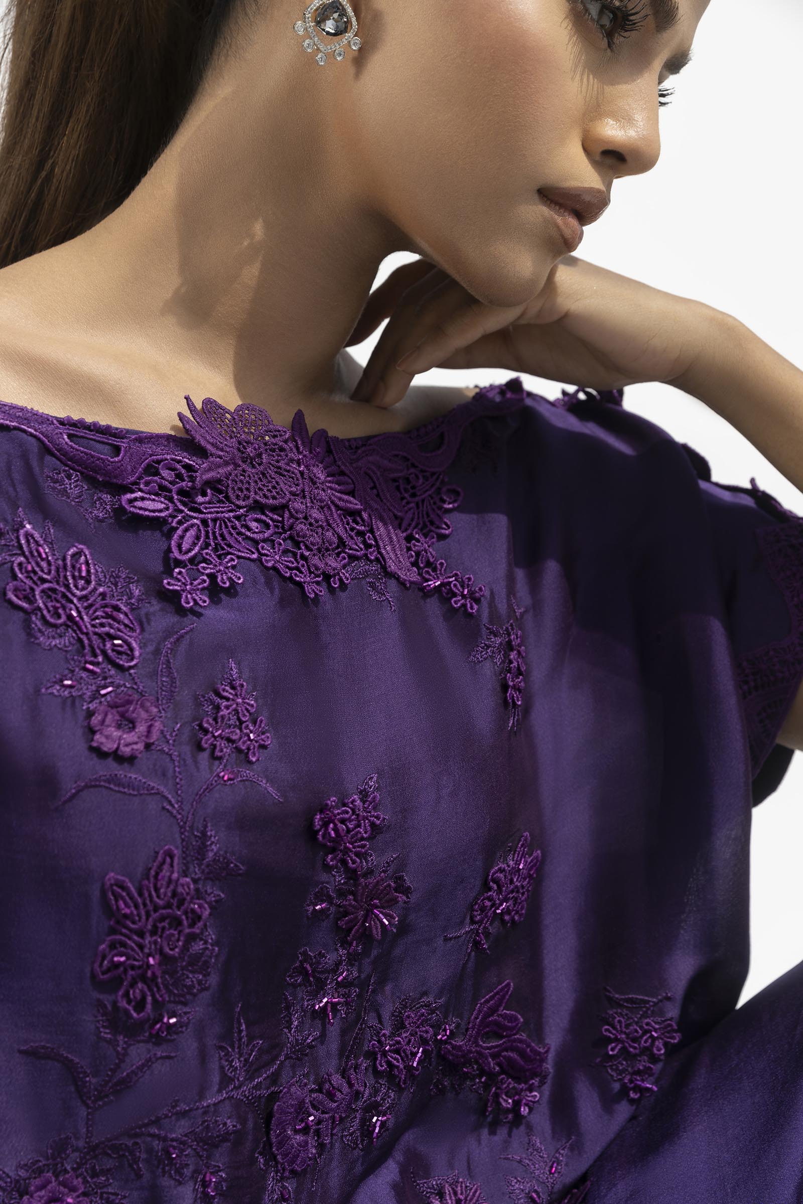 Stitched Formal Embroidered Purple Shirt + Flared Bottom