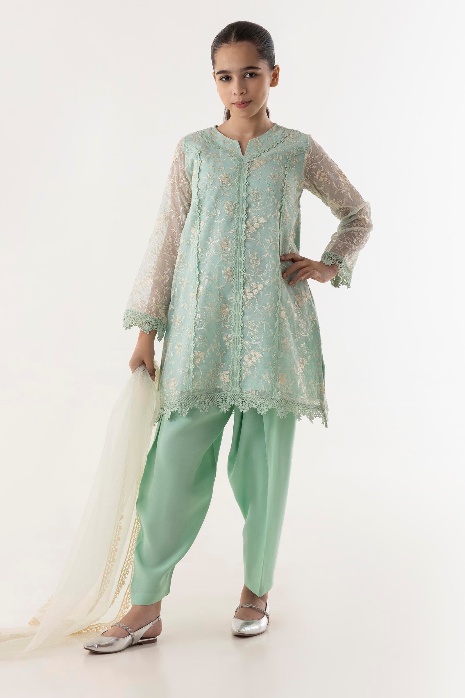 Stitched Kids Khaddi Net Embroidered Suit