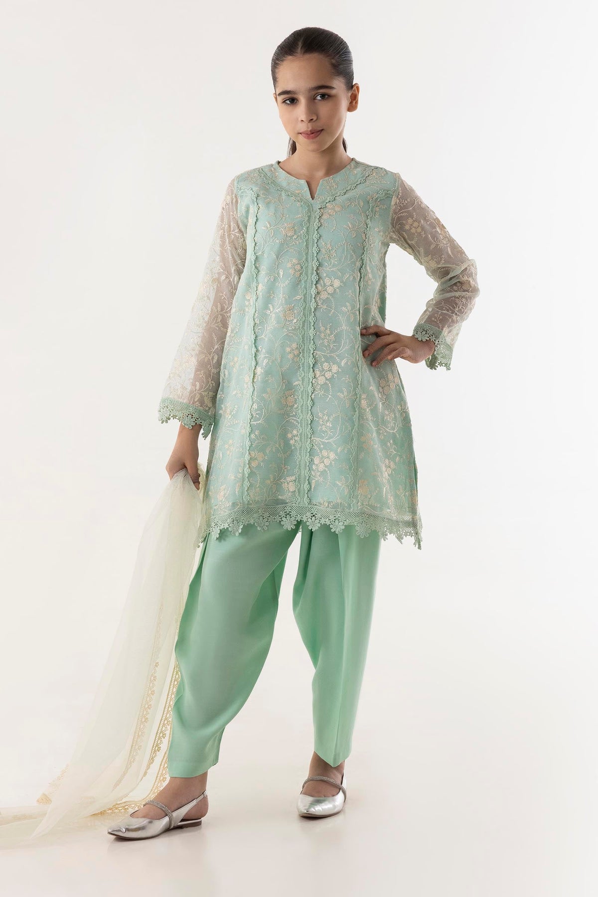Stitched Kids Khaddi Net Embroidered Suit