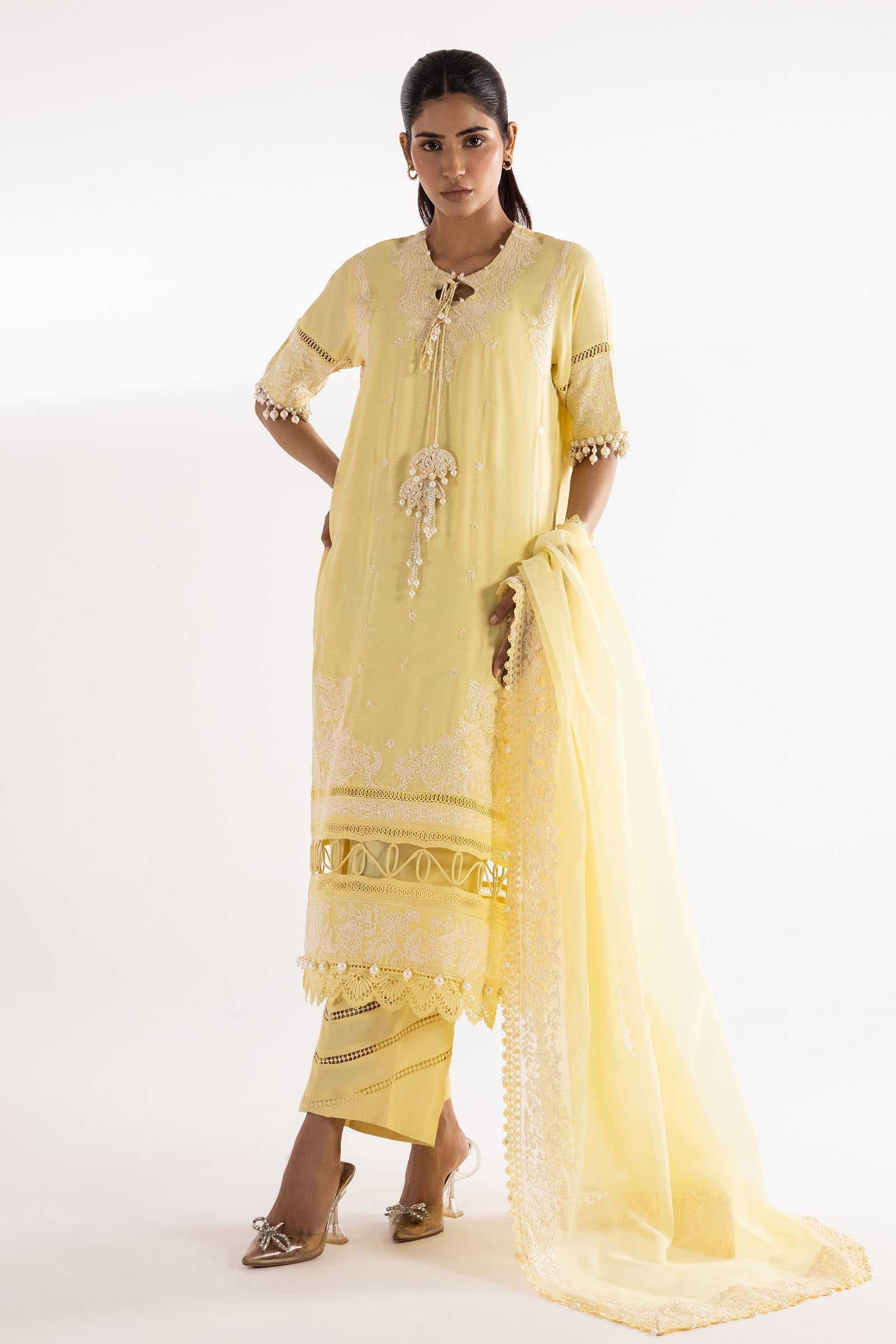 Stitched Embroidered Raw Silk Shirt + Culotte + Dupatta
