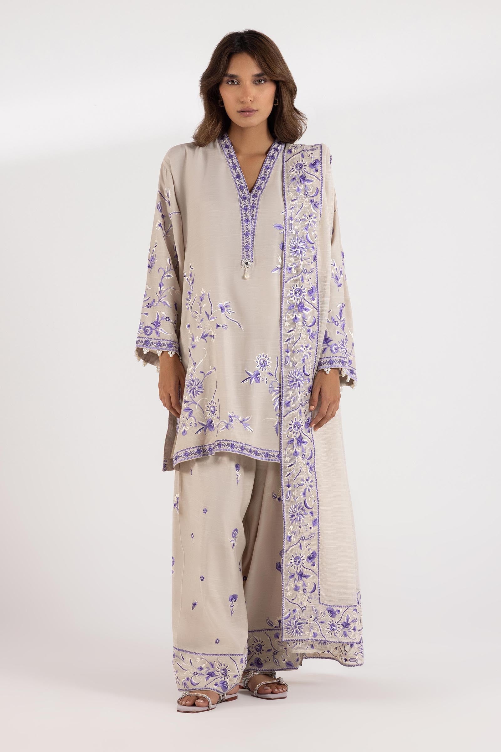 Stitched Embroidered Raw Silk Shirt + Shalwar + Dupatta