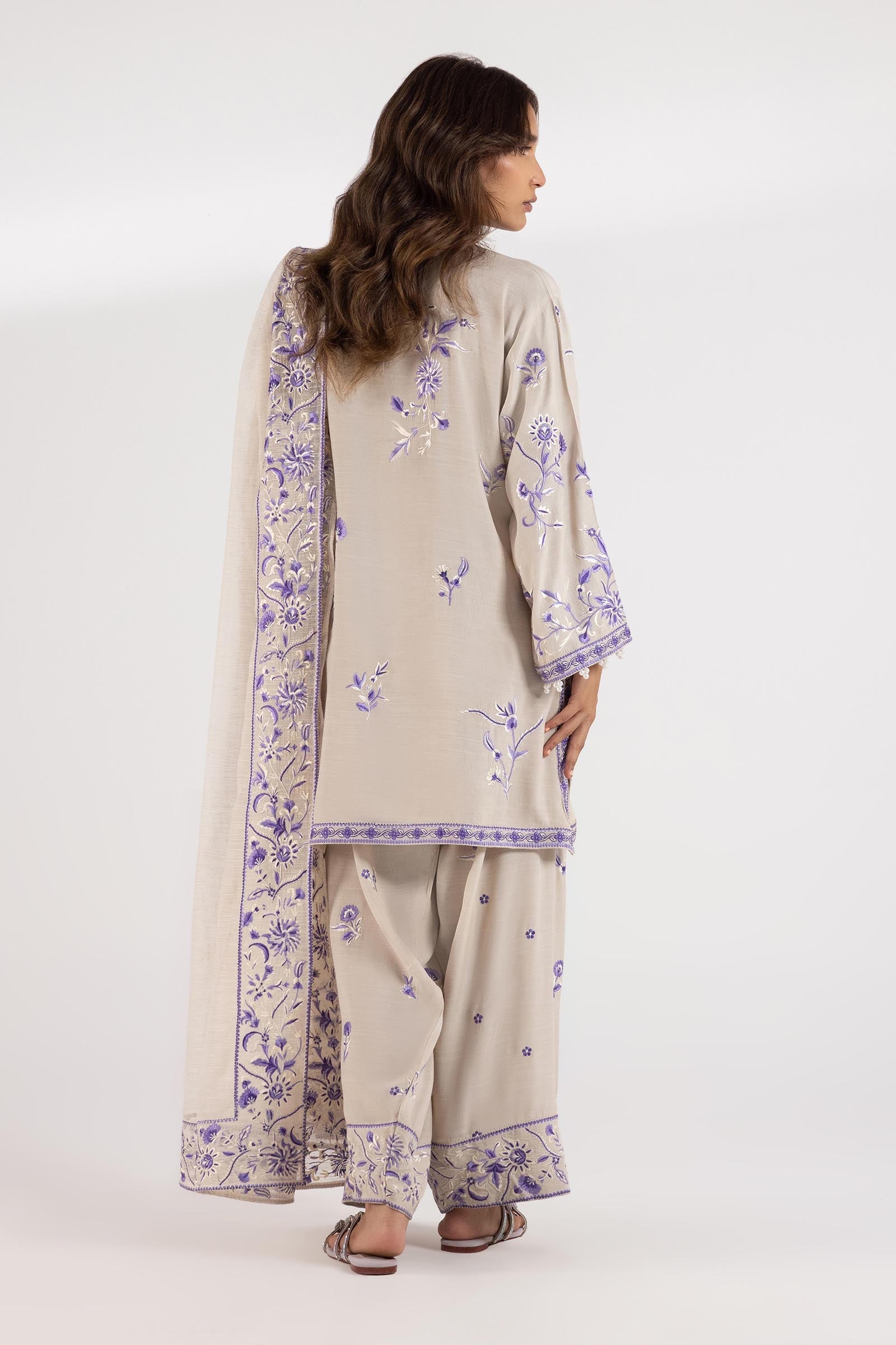 Stitched Embroidered Raw Silk Shirt + Shalwar + Dupatta