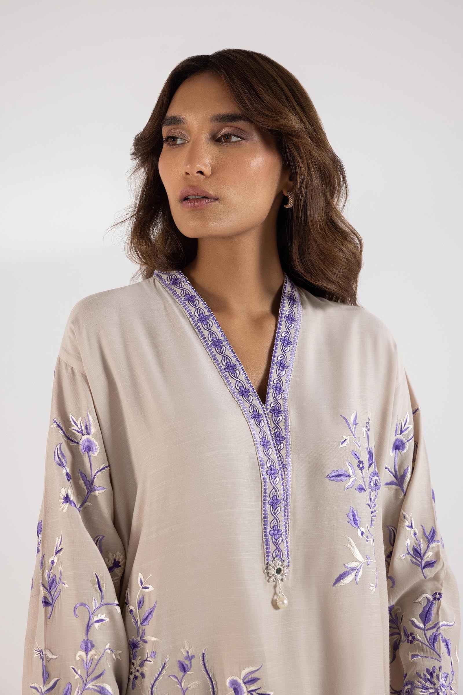 Stitched Embroidered Raw Silk Shirt + Shalwar + Dupatta
