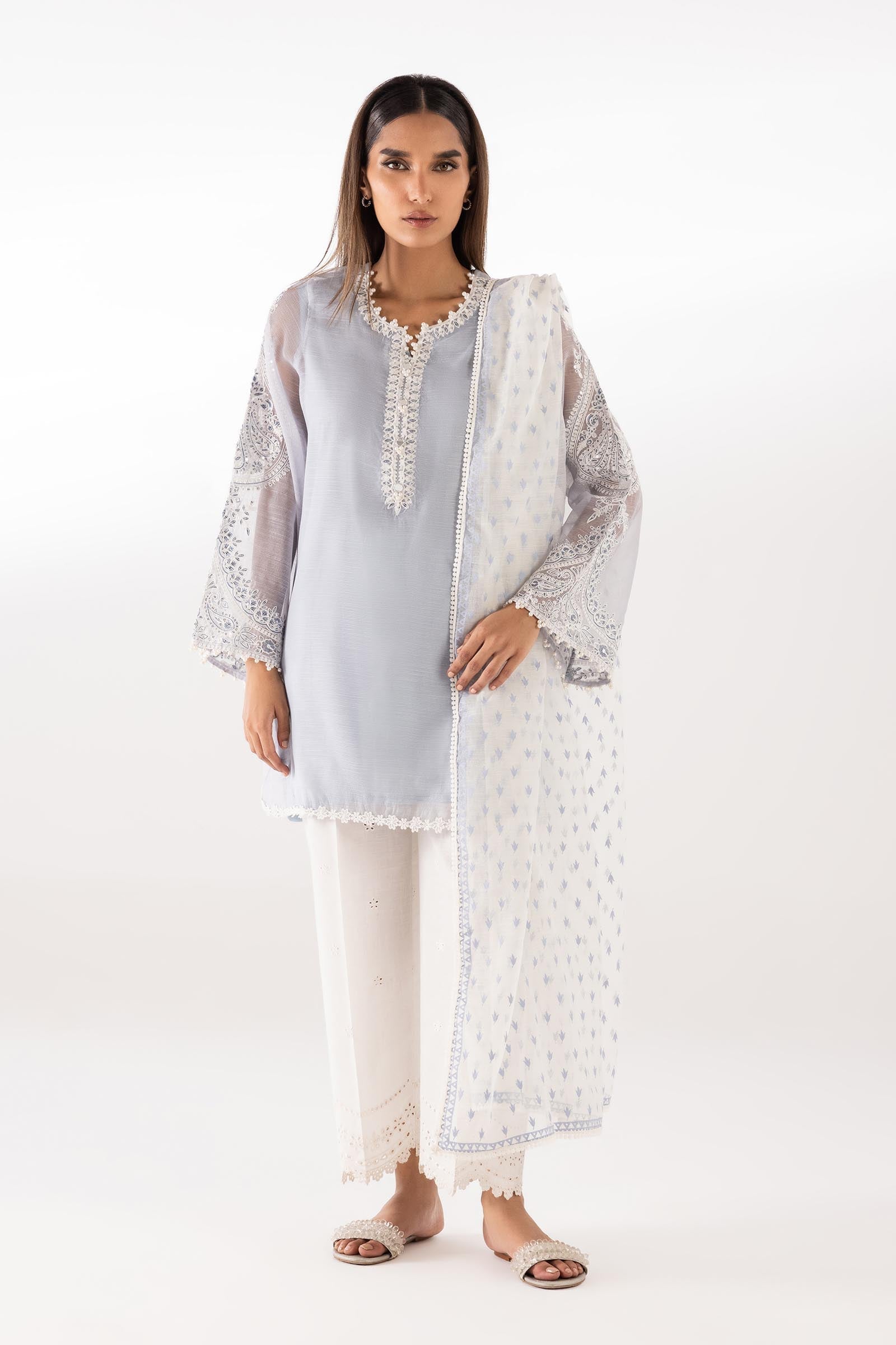 Stitched Embroidered Cotton Net Shirt + Dupatta