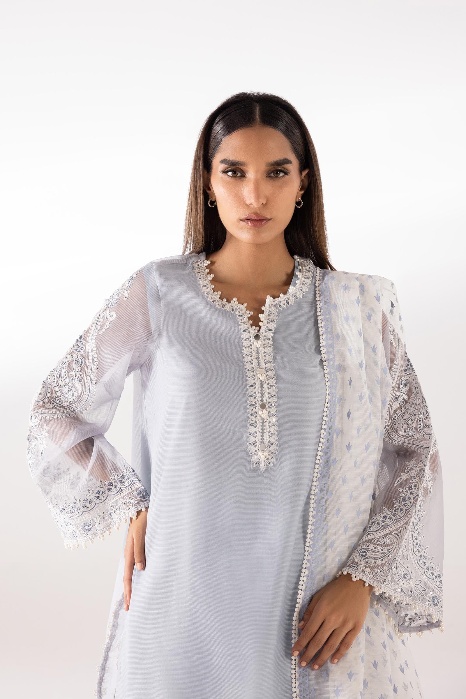 Stitched Embroidered Cotton Net Shirt + Dupatta