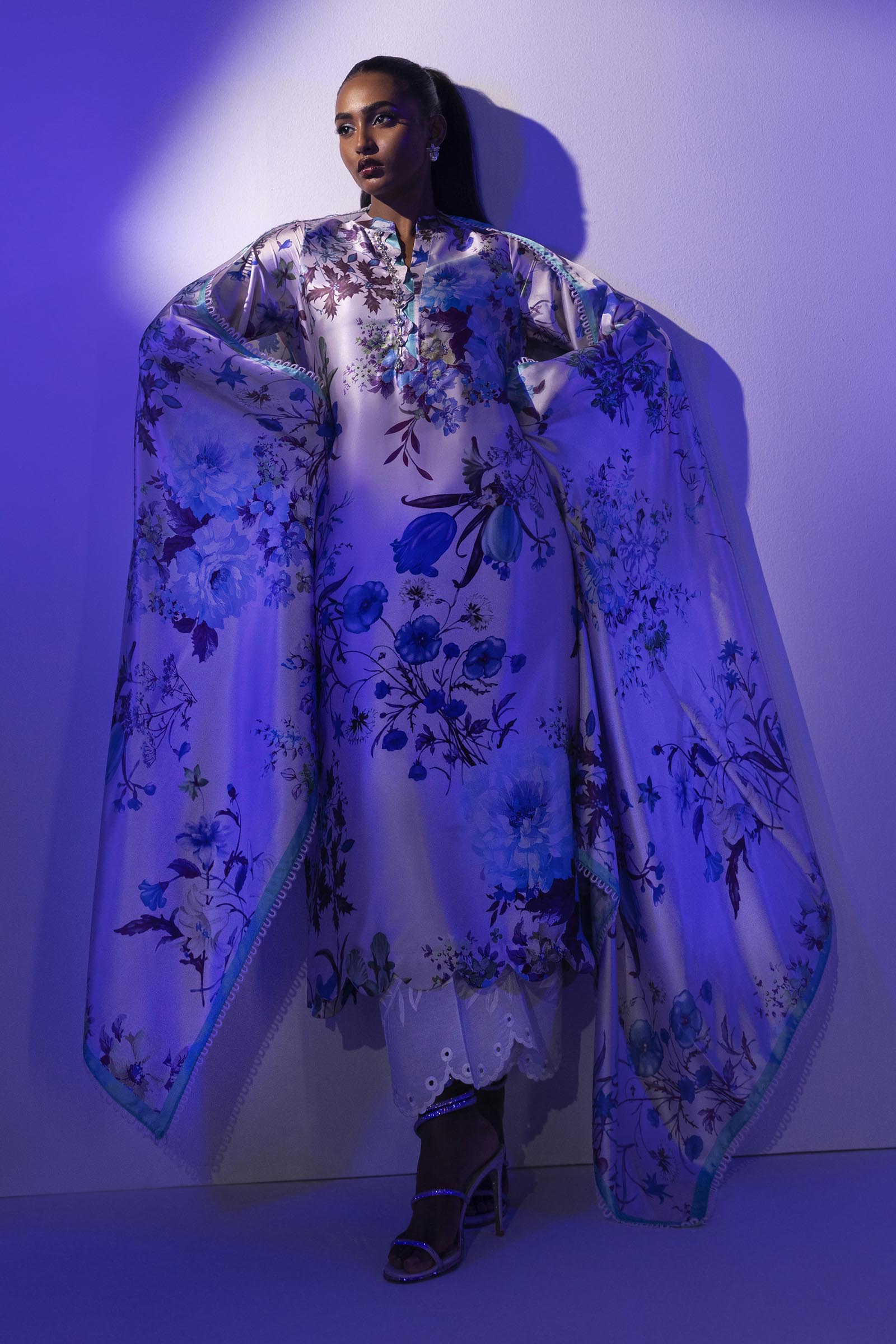 Stitched Floral Satin Printed Shirt