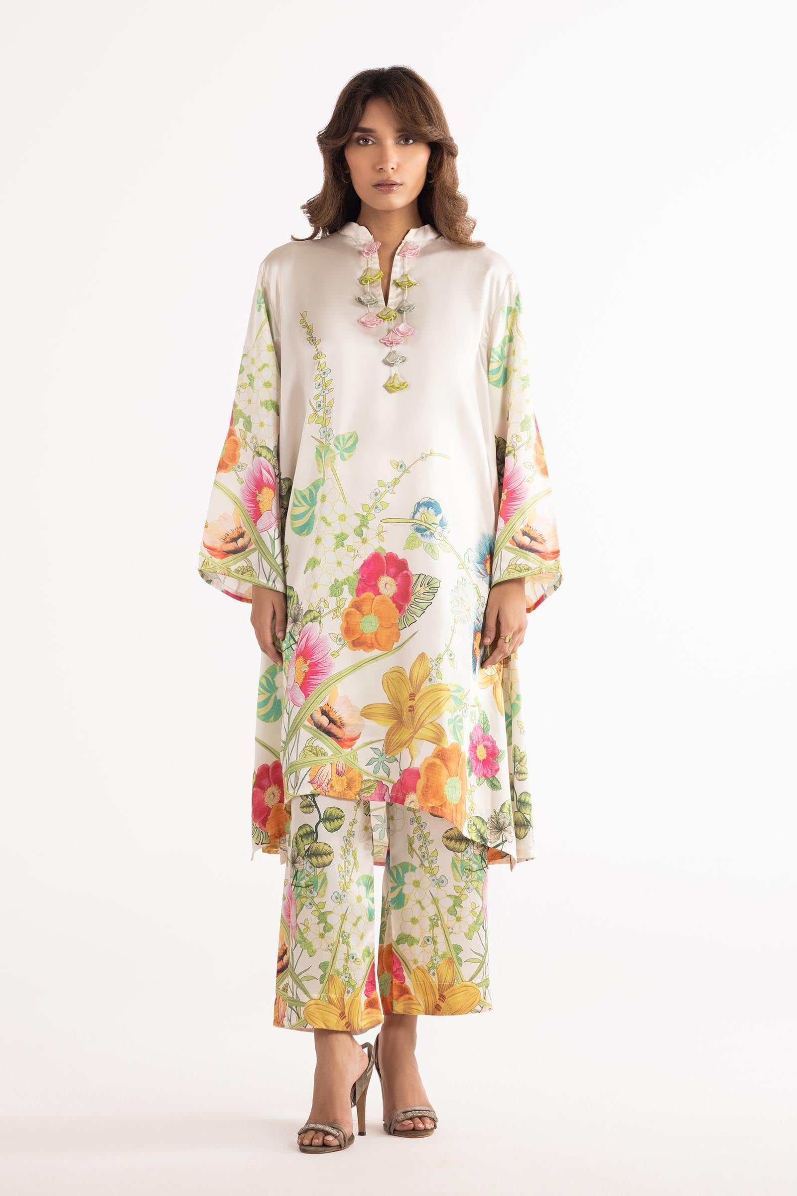 Stitched Printed Satin Shirt + Wide Leg Pants