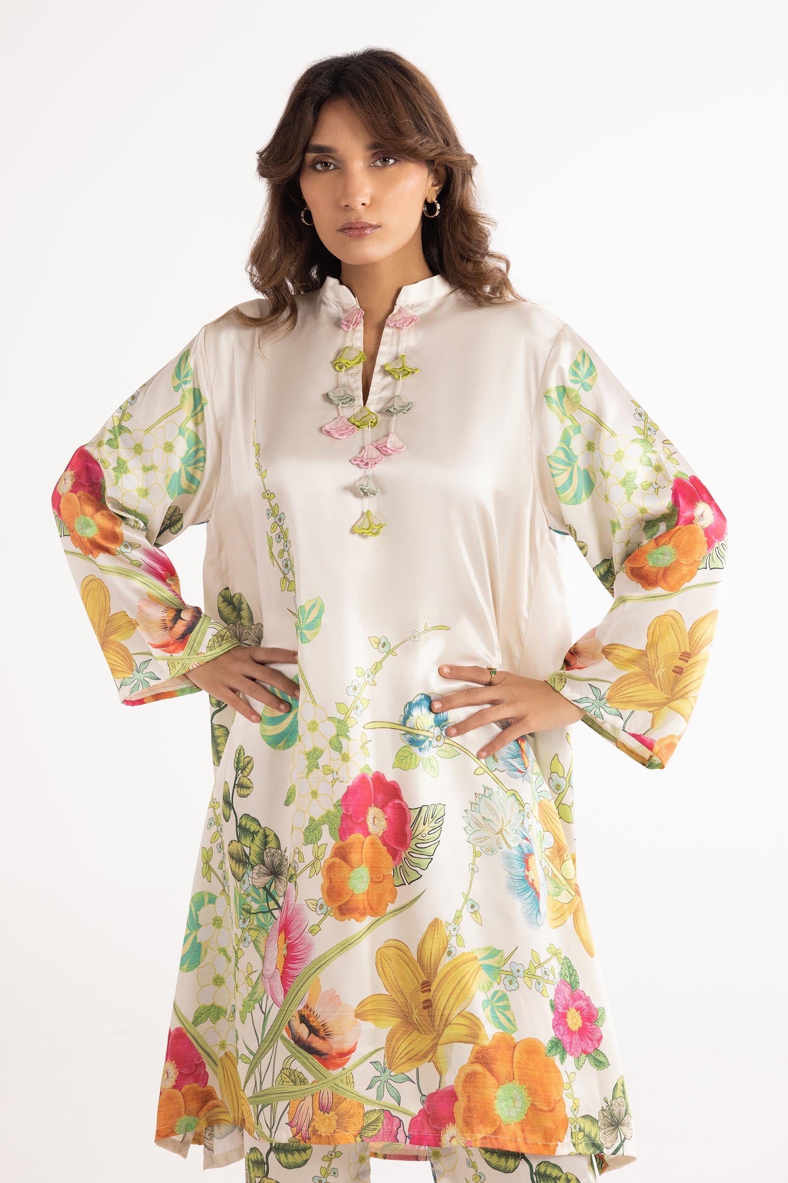 Stitched Printed Satin Shirt + Wide Leg Pants