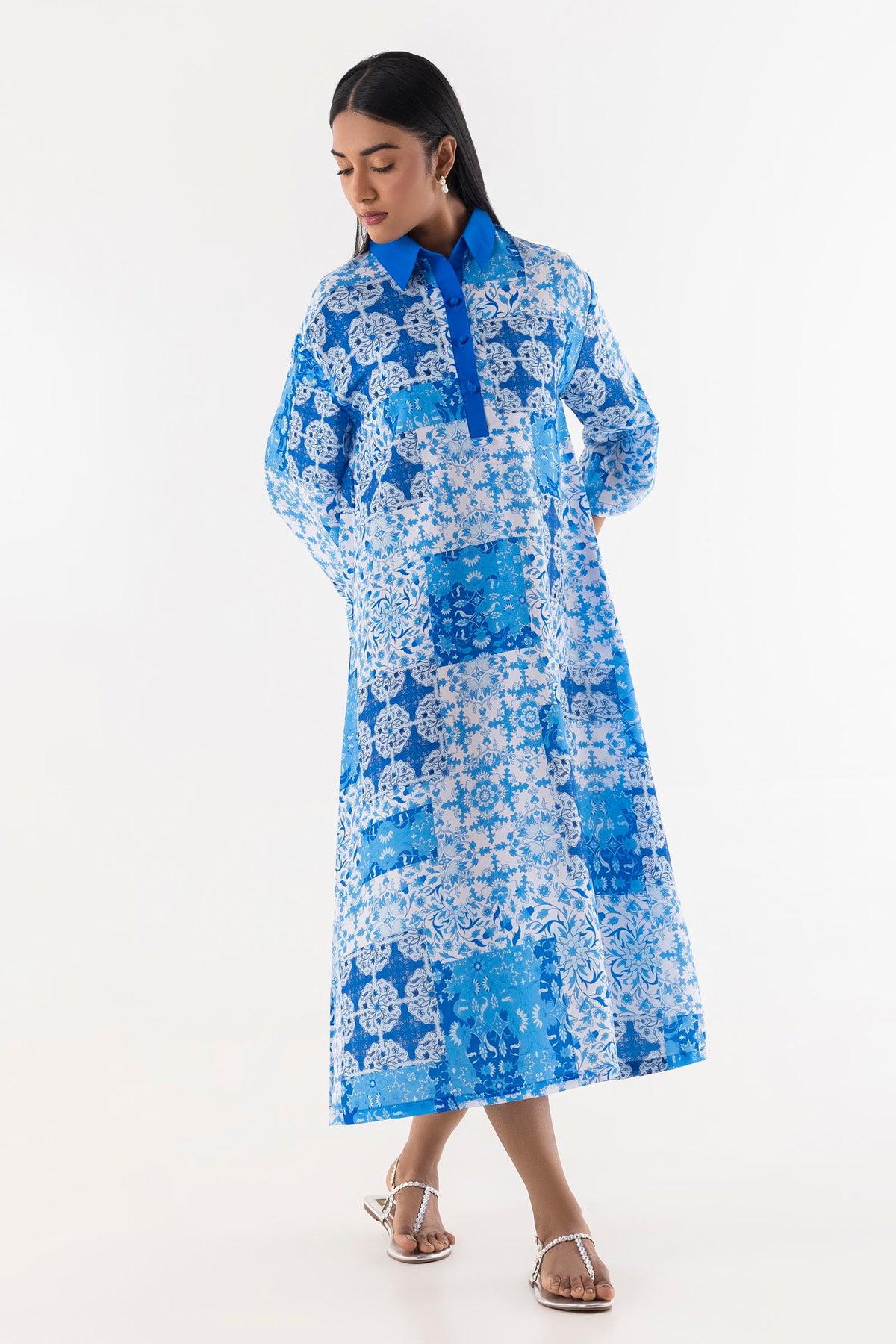 Stitched Blue Printed Dress