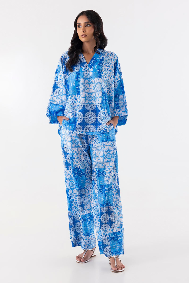 Stitched Blue Printed Cord Set