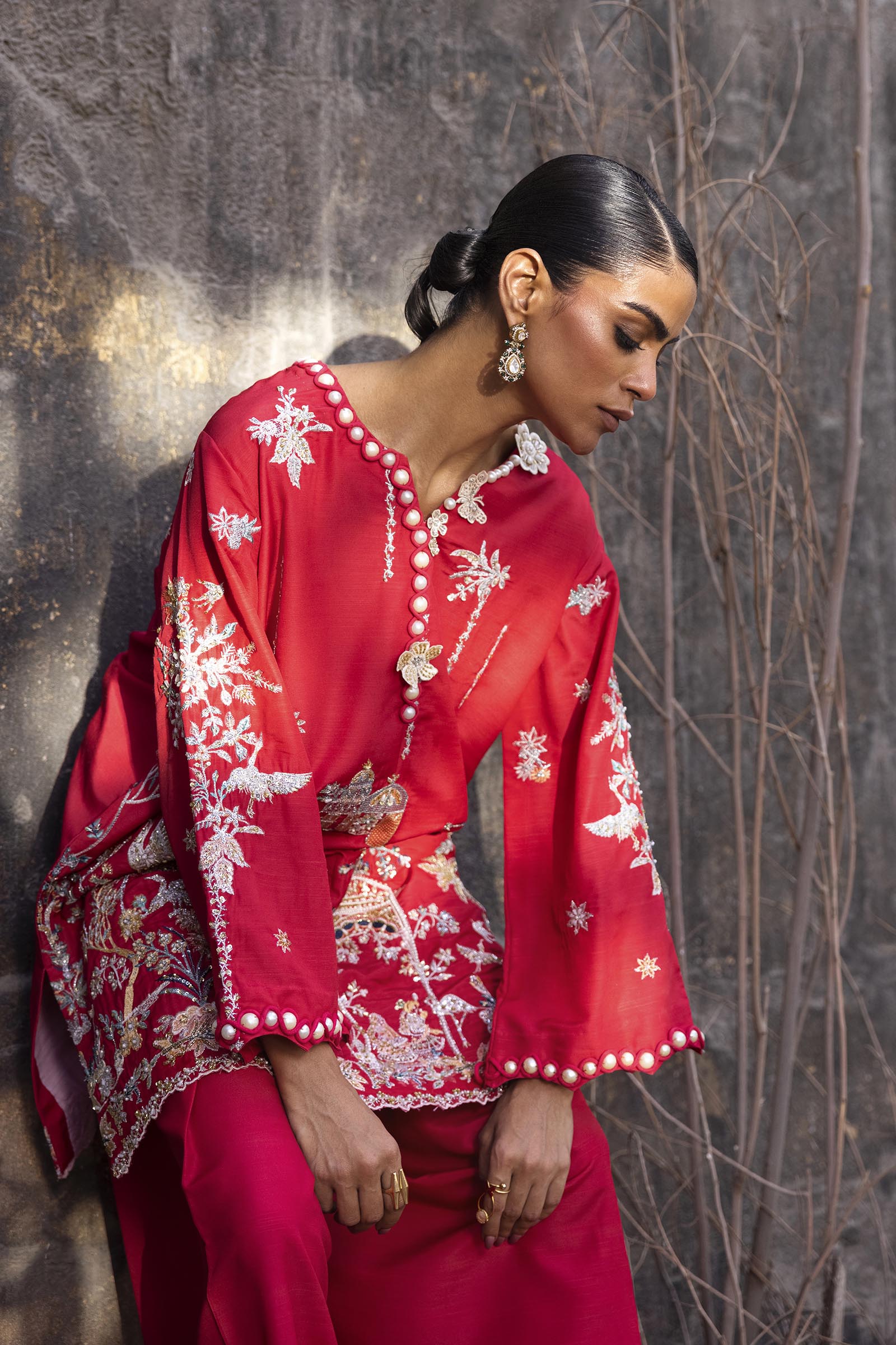 Stitched Embroidered Raw Silk Shirt+ Shalwar
