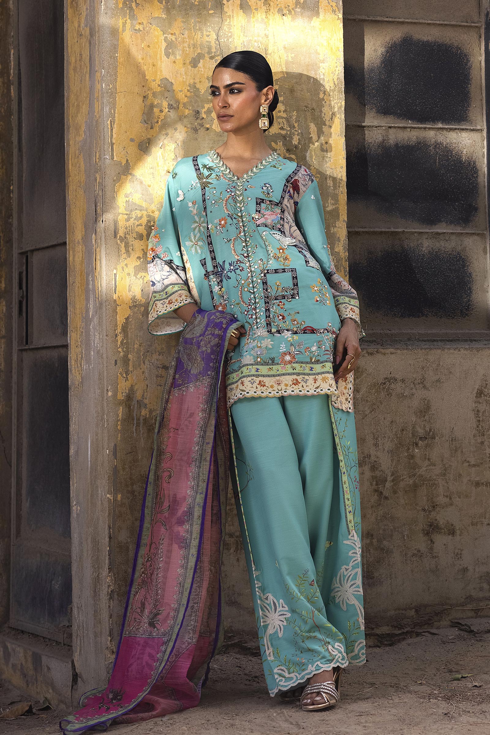 Stitched Printed Raw Silk Suit