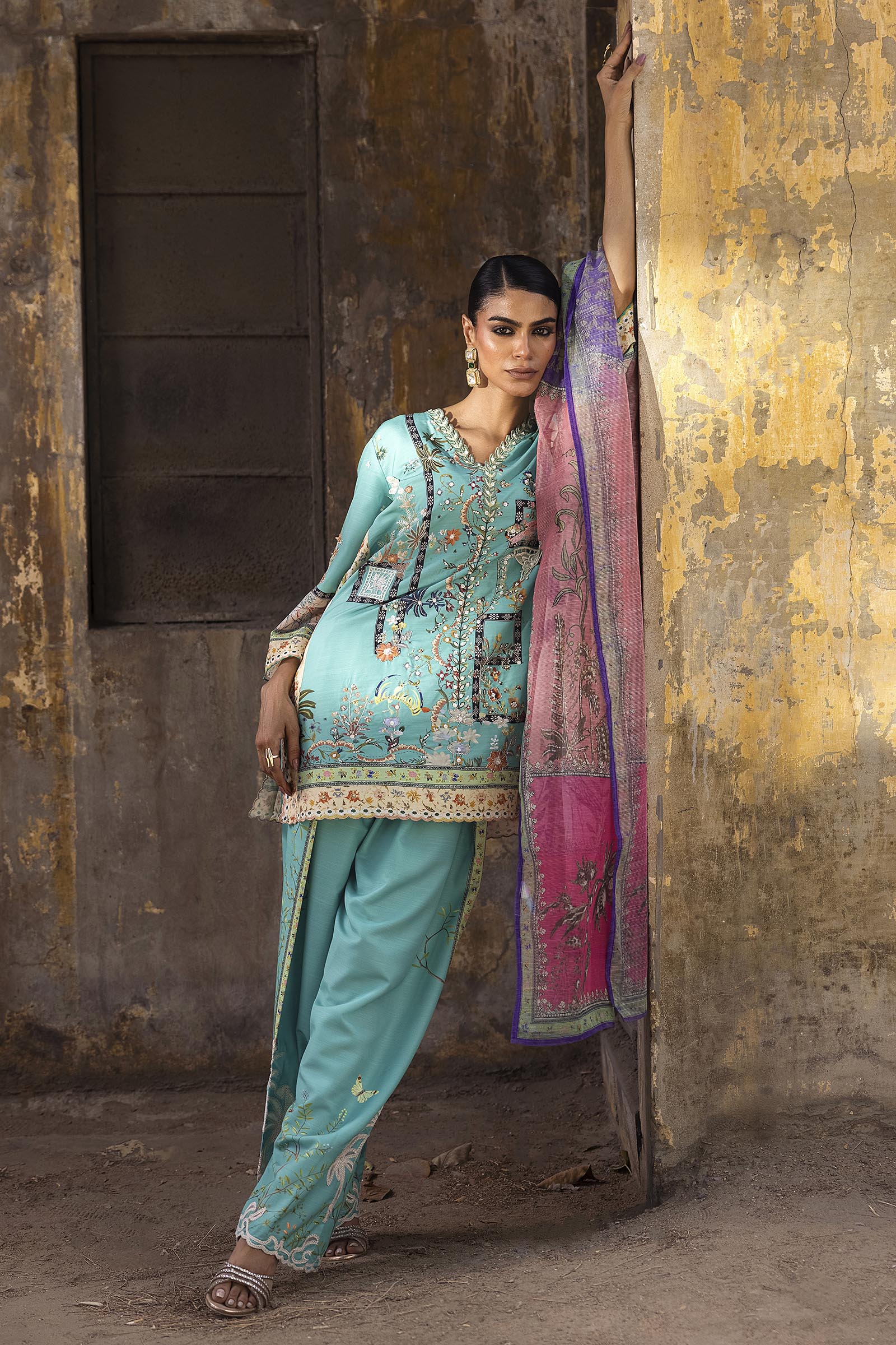 Stitched Printed Raw Silk Suit