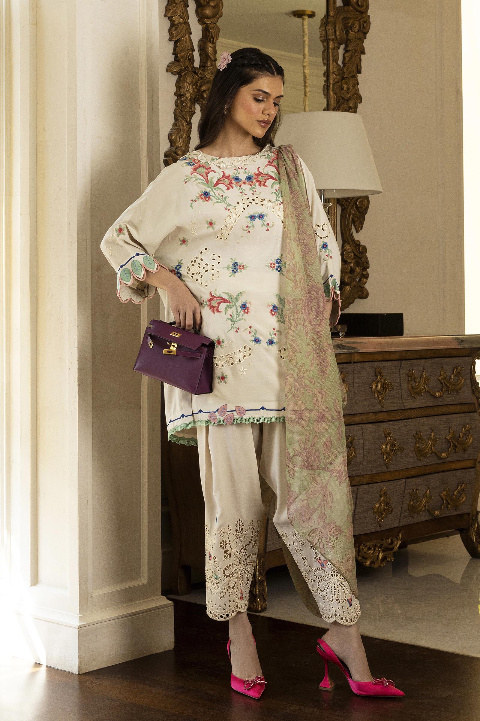 Stitched Embroidered Raw Silk Shirt+ Shalwar