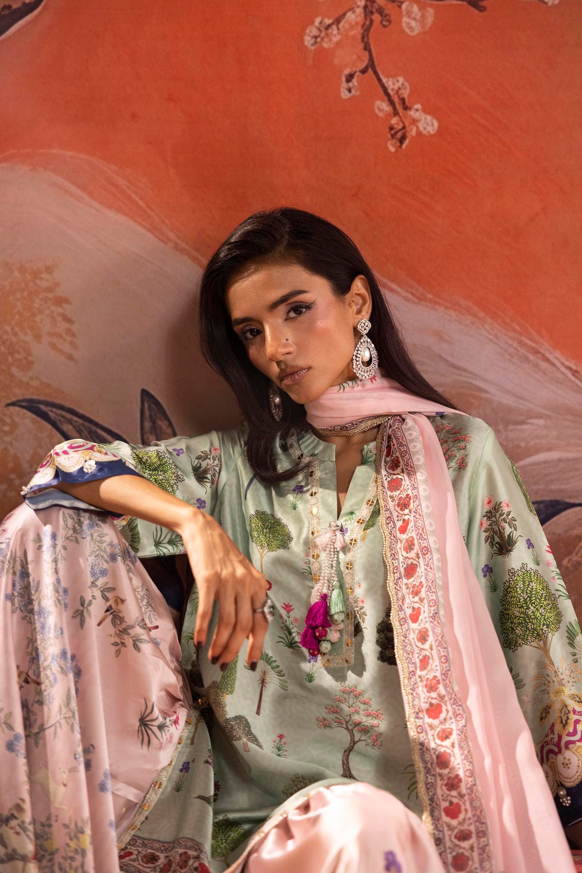 Stitched Printed Satin Suit