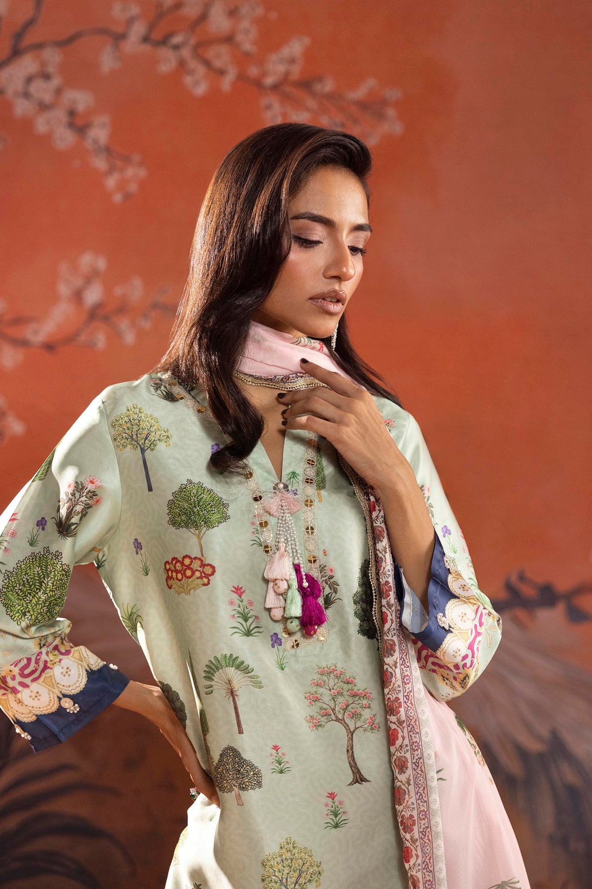 Stitched Printed Satin Suit