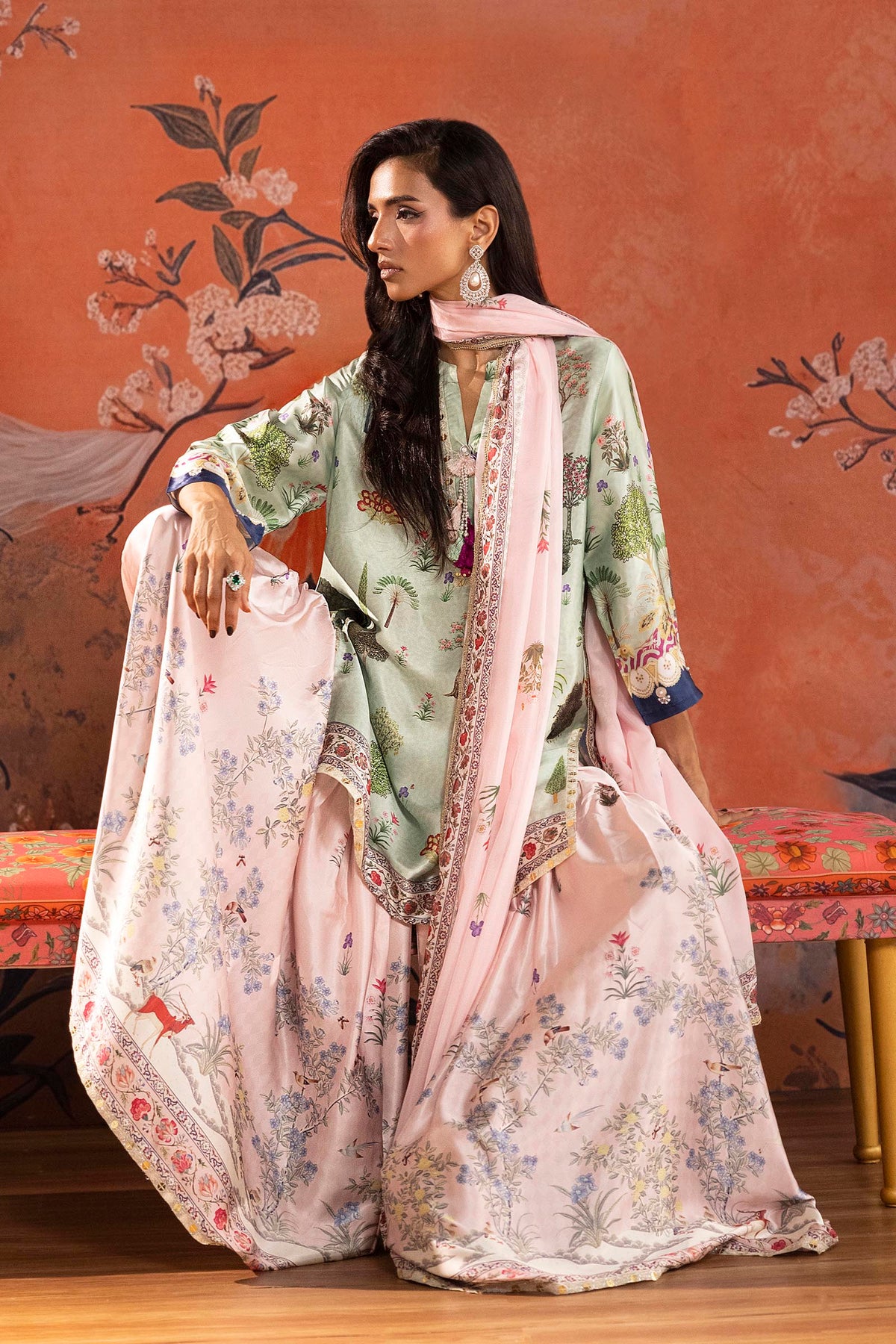 Stitched Printed Satin Suit