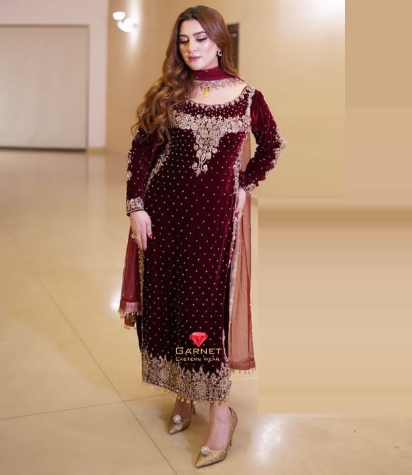 Poshkari Maroon Majesty Luxury Velvet Embroidered Collection (aneelas ) Unstitched / Stitched Suit PA-215