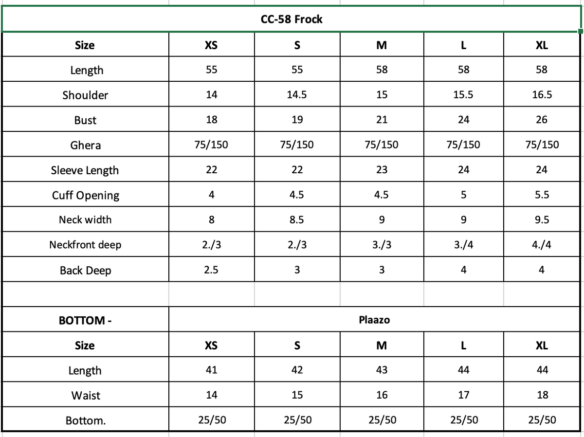 Size Chart (inches)