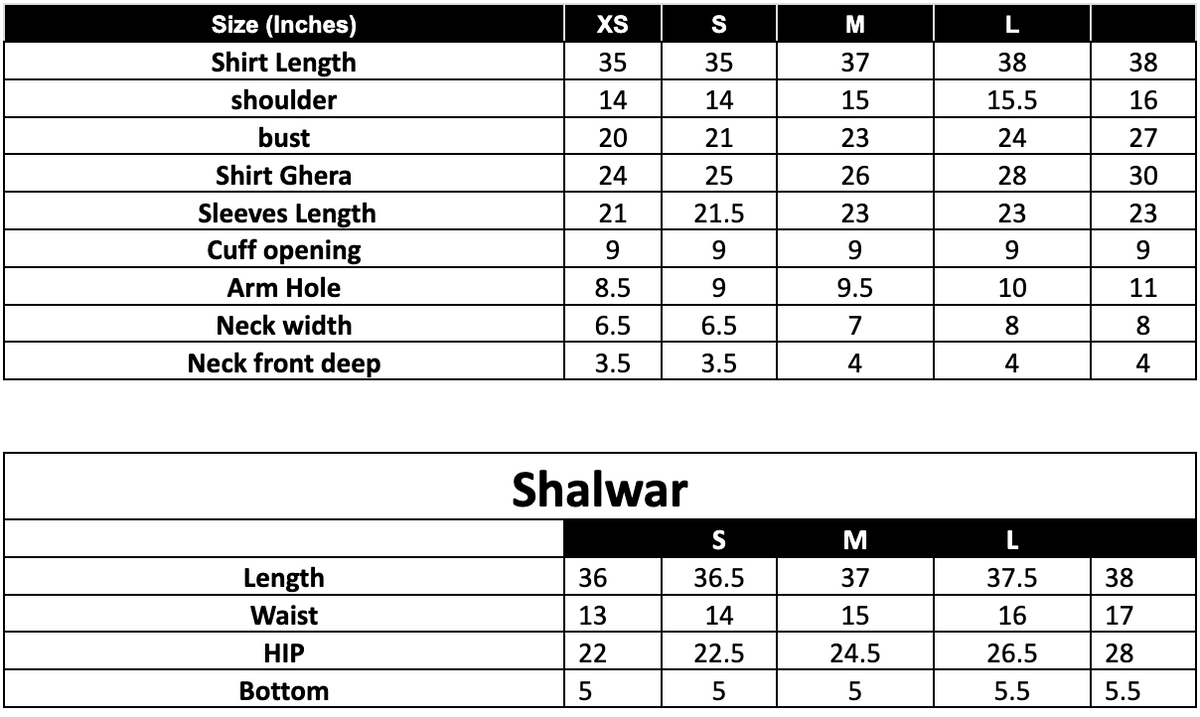 Size Chart (inches)