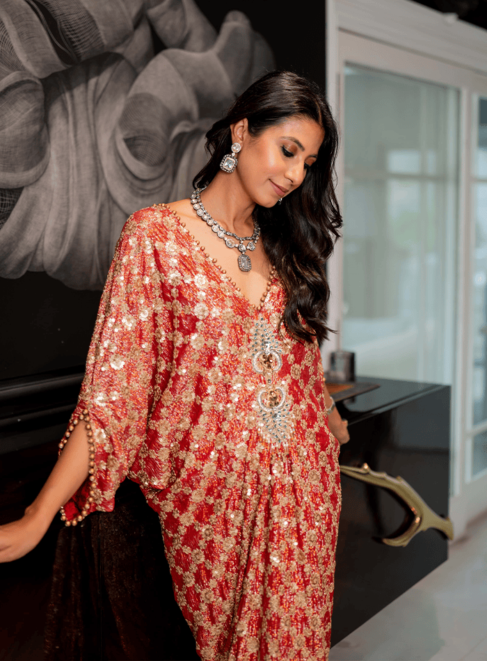 Sequinned Pleated Kaftan