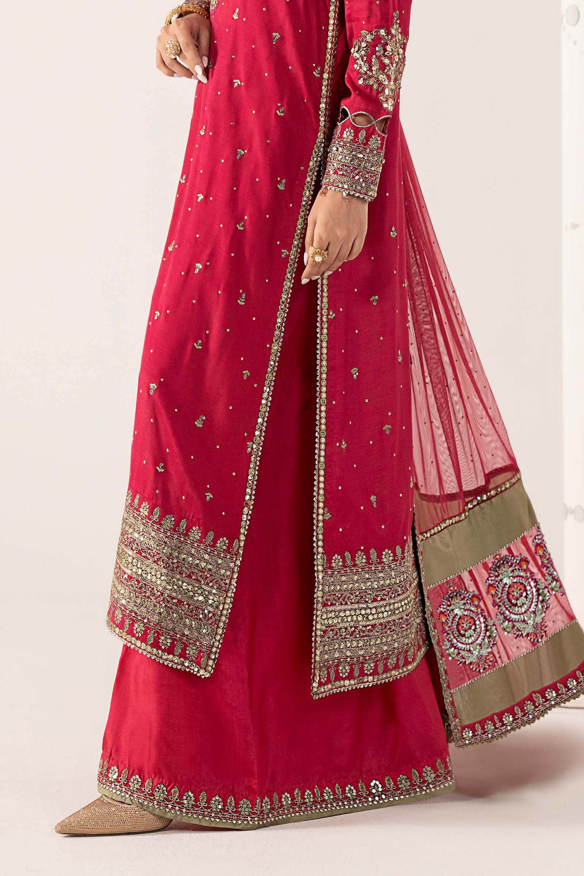3 Piece Embroidered Raw Silk Suit - SFP2610-ESM-PNK