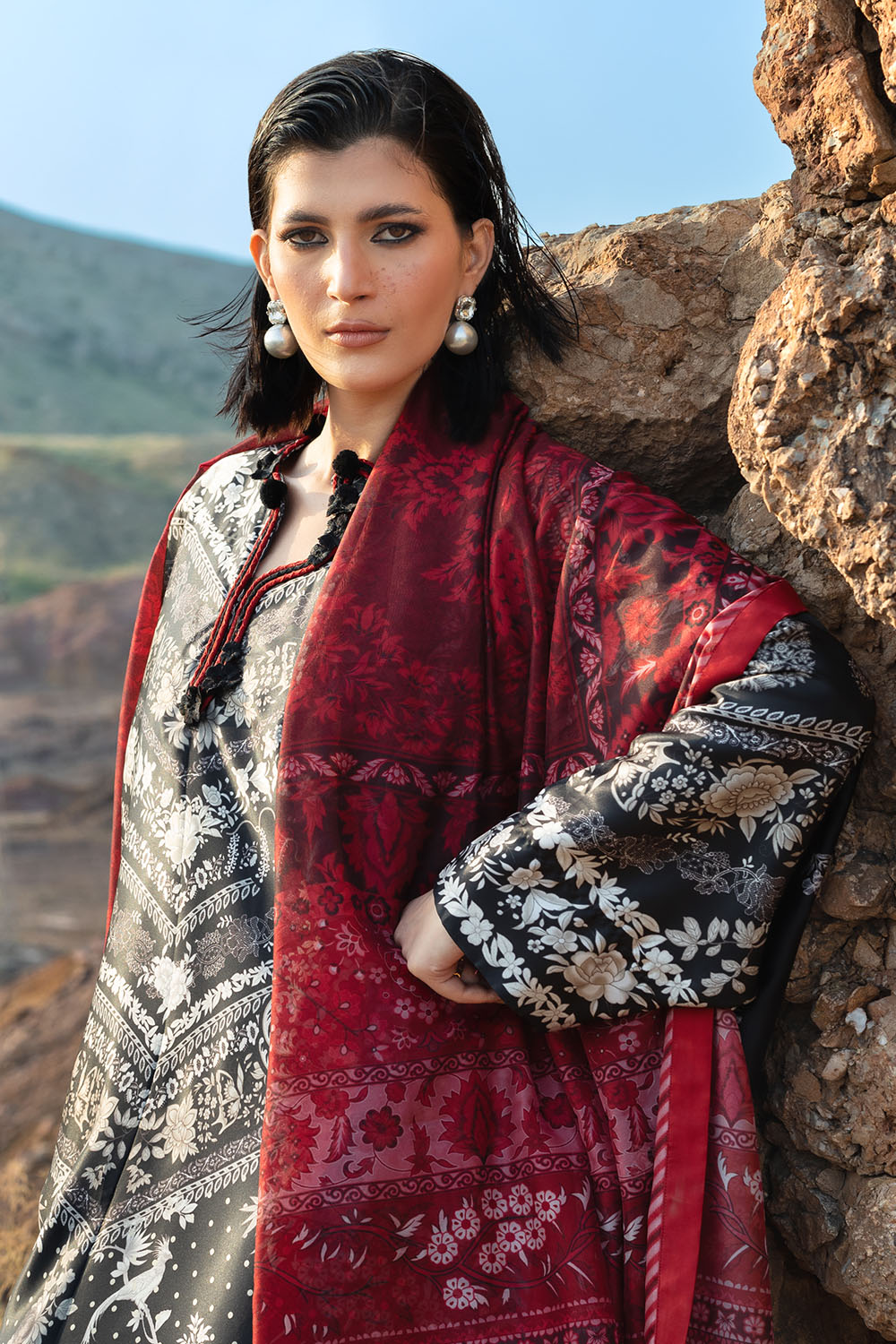 3 Piece Printed Silk Charmeuse Suit With Dupatta
