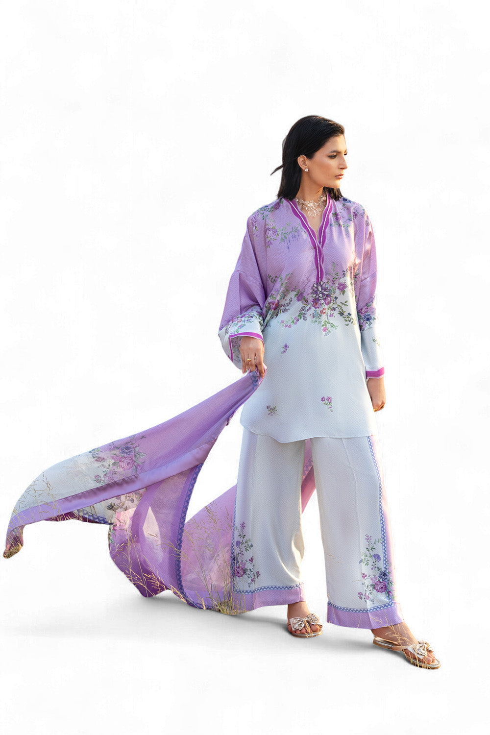 3 Piece Printed Silk Charmeuse Suit with Dupatta