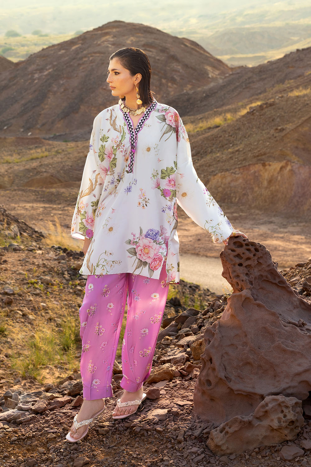 2 Piece Printed Charmeuse Silk Suit with Trouser