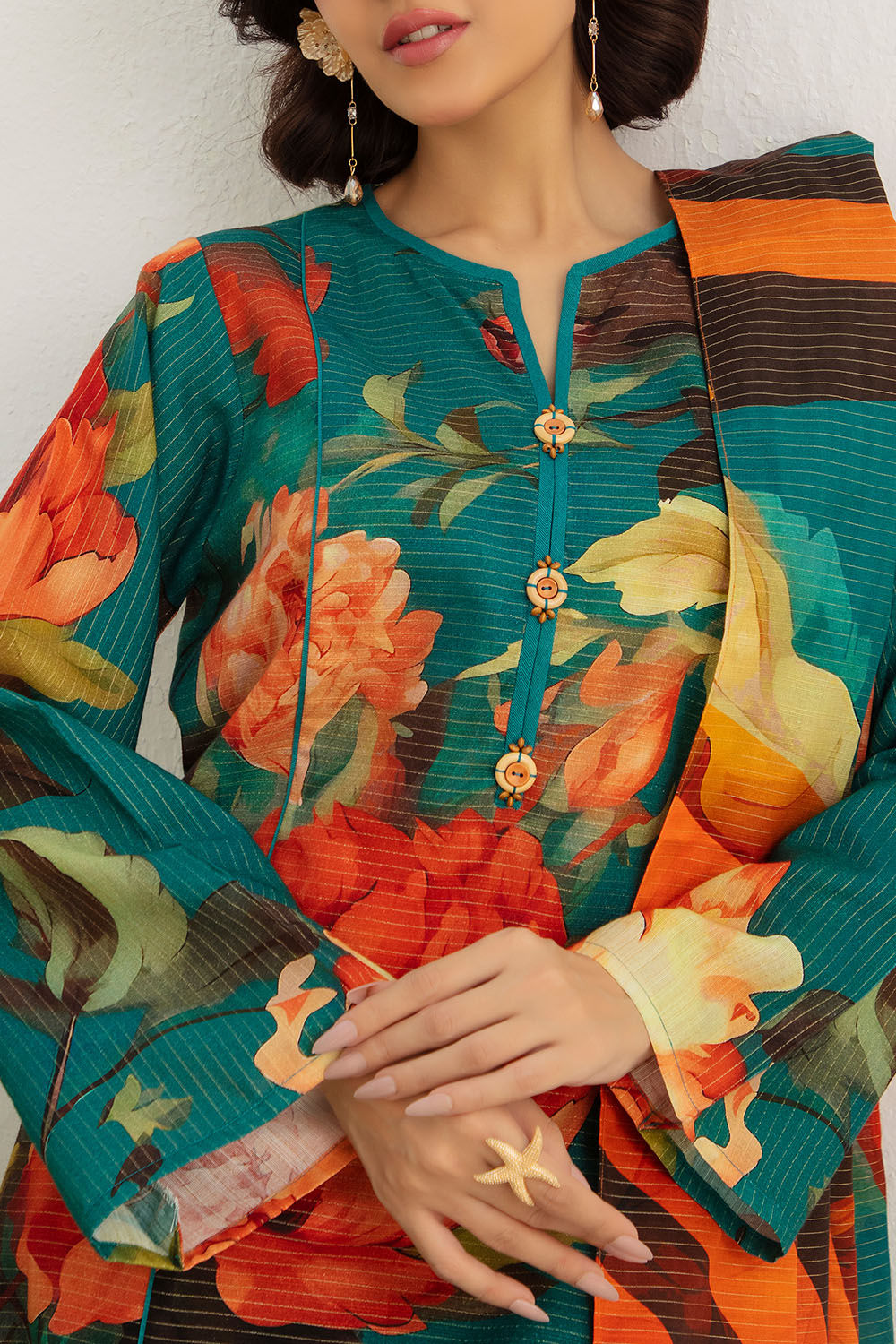 3 Piece Printed Stripe Khaddar Suit with Dupatta