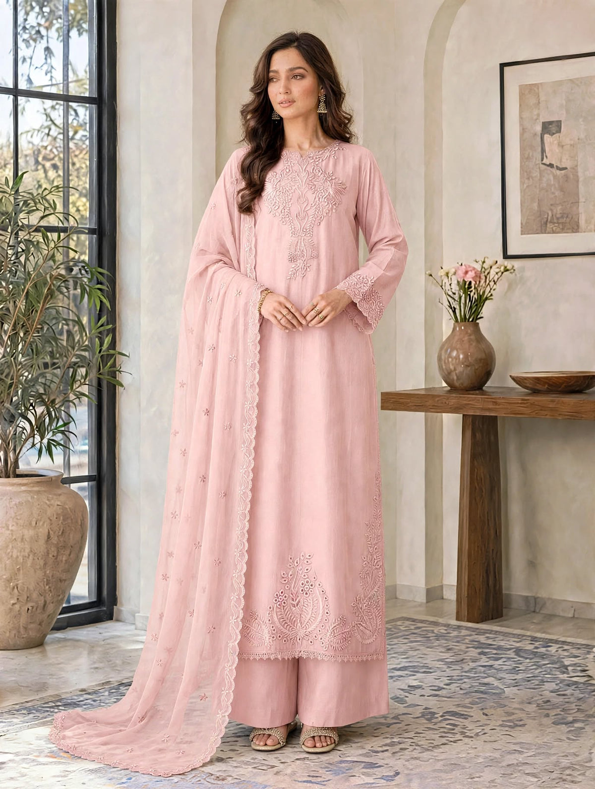 T-PINK LURELLE-Viscose Embroidered 3-Piece Suit for women