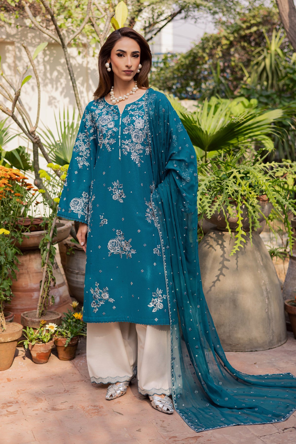 Teal Ocean 3Pc - Embroidered Festive Pret