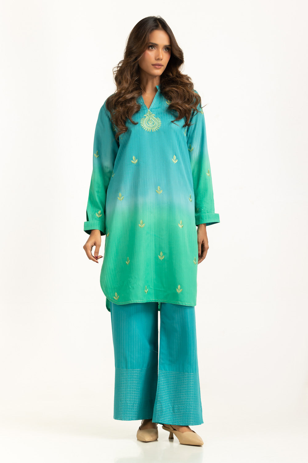 Textured Dobby Printed With Embroidered Co-Ord Set