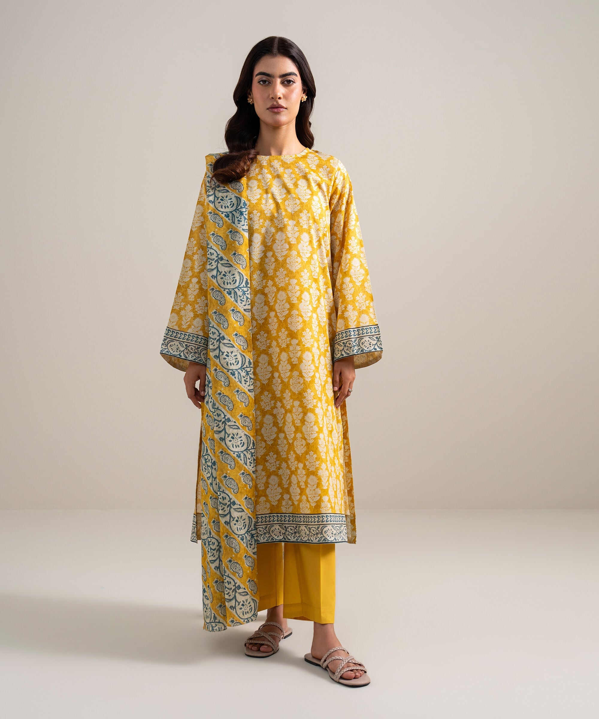 Women's Unstitched Lawn Printed Mustard Yellow 3 Piece Suit