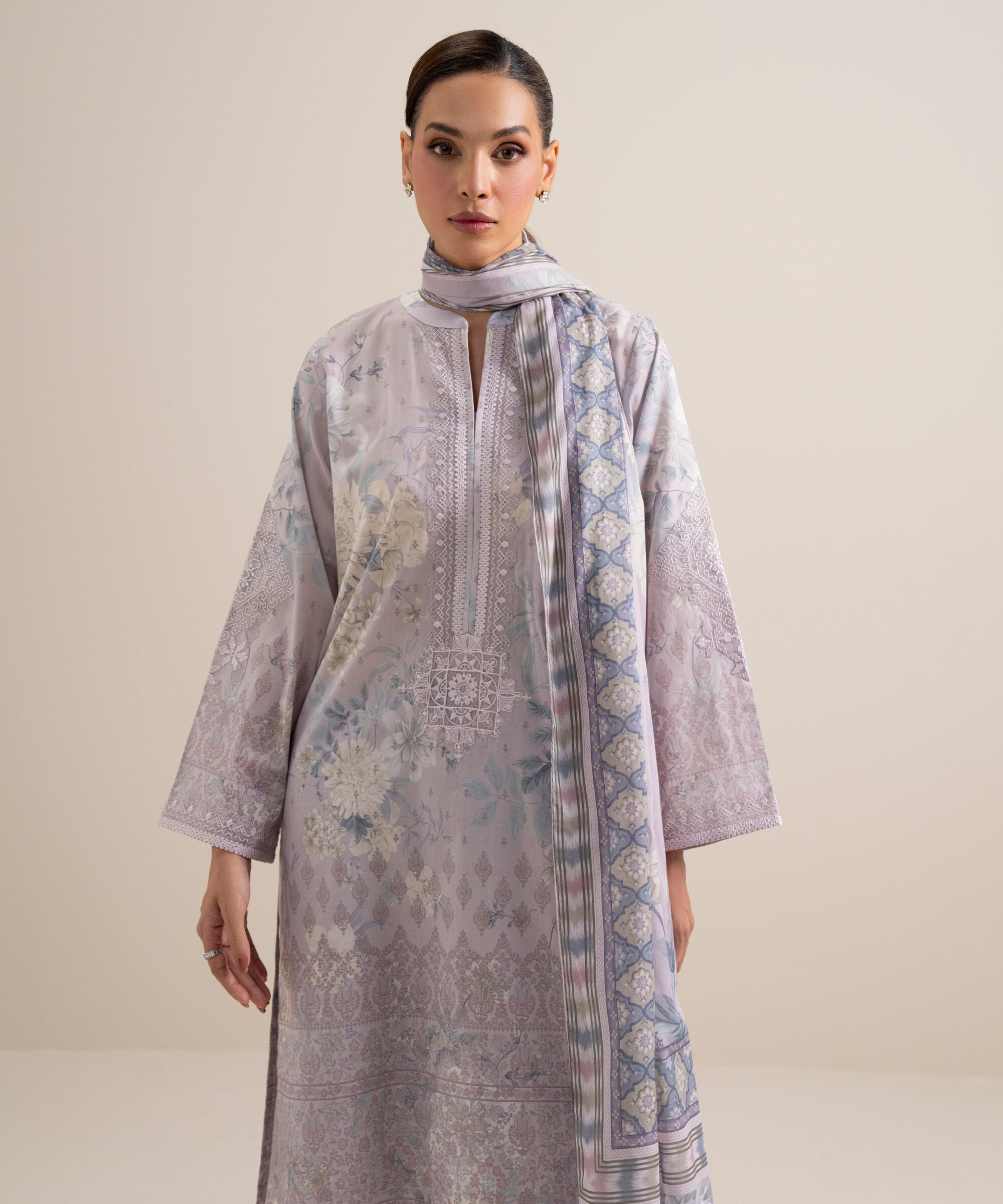Women's Unstitched Lawn Embroidered Light Purple 3 Piece Suit