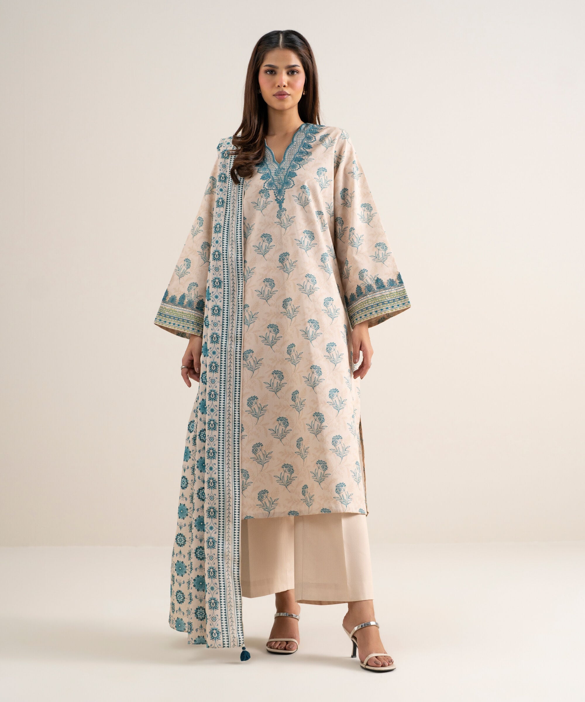 Women's Unstitched Lawn Embroidered Light Tea Pink 3 Piece Suit