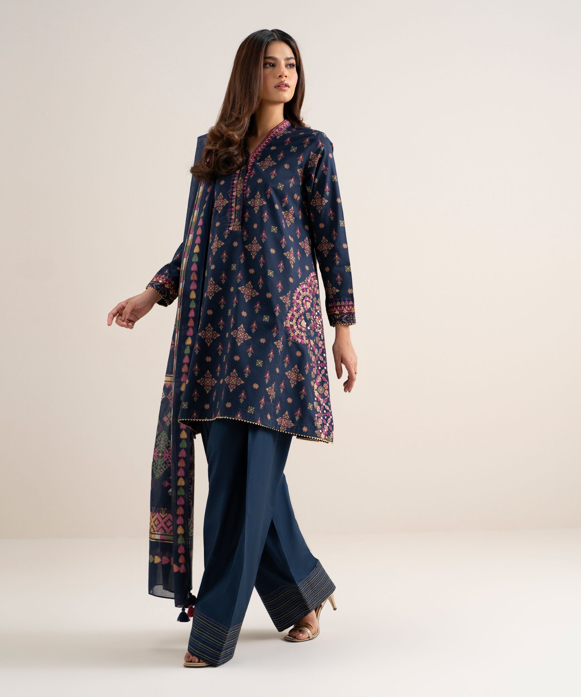 Women's Unstitched Lawn Embroidered Navy Blue 3 Piece Suit