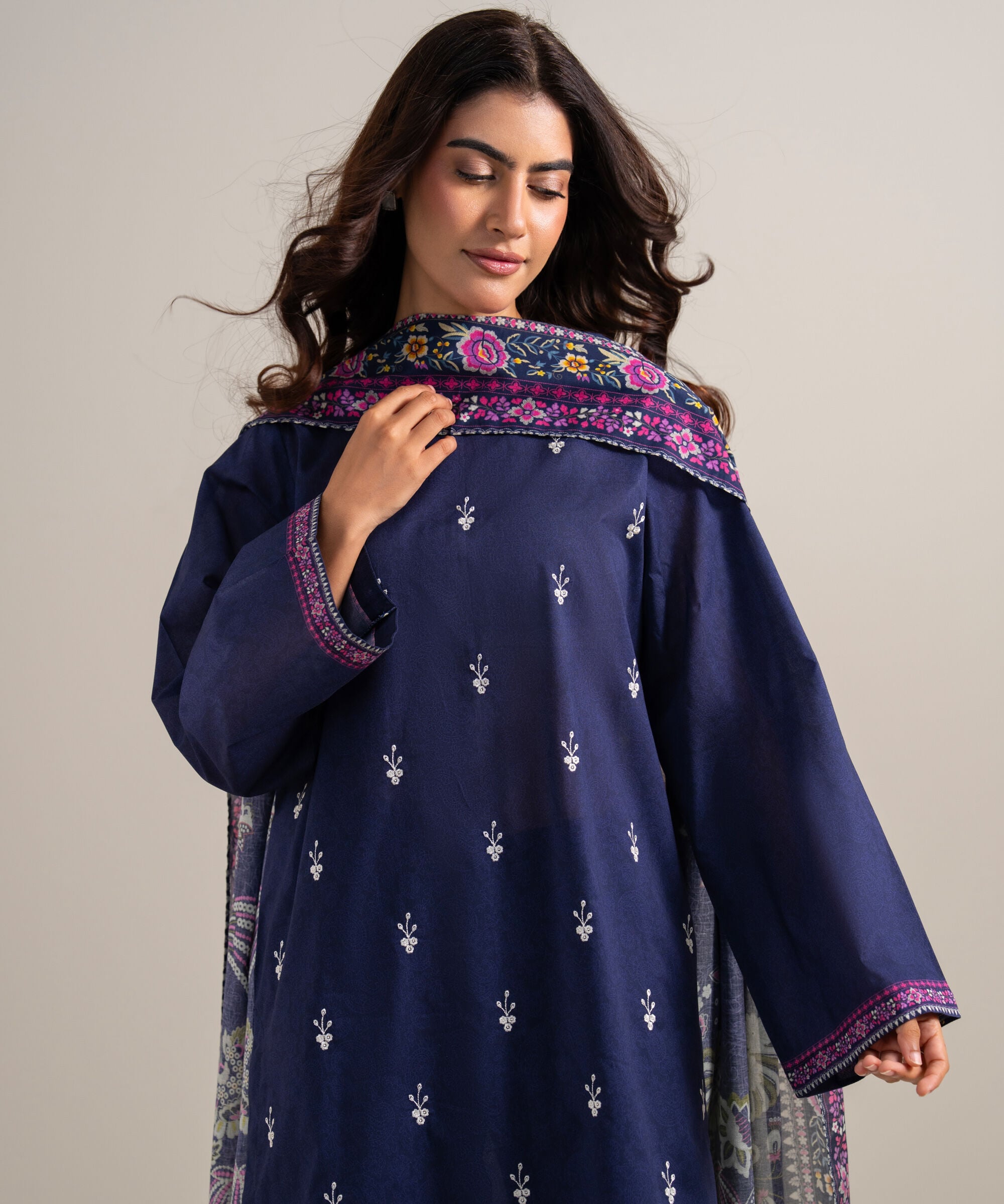 Women's Unstitched Lawn Embroidered Dark Blue 3 Piece Suit