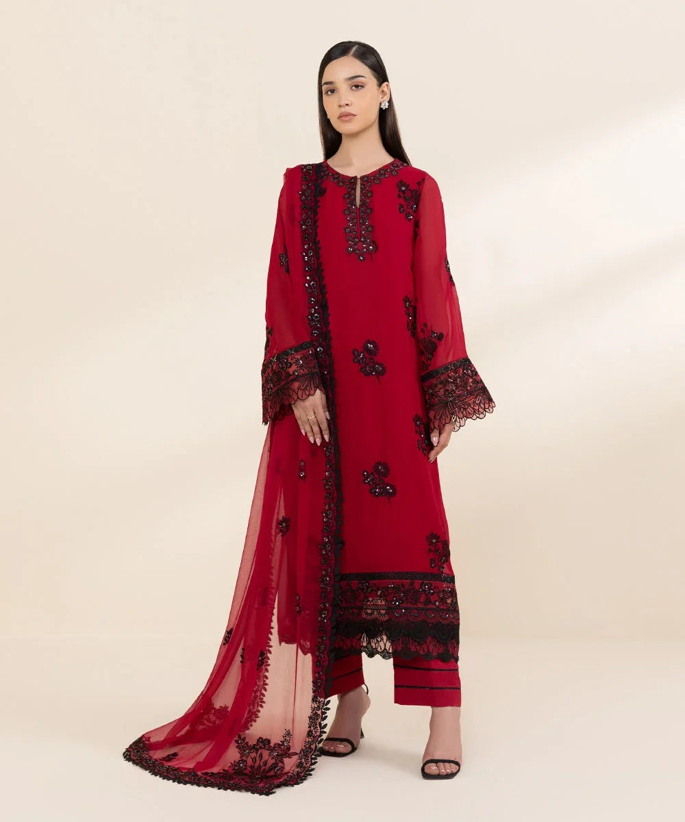 3 Piece - Embroidered Chiffon Suit Sapphire U3PELX24V821 (RTS)