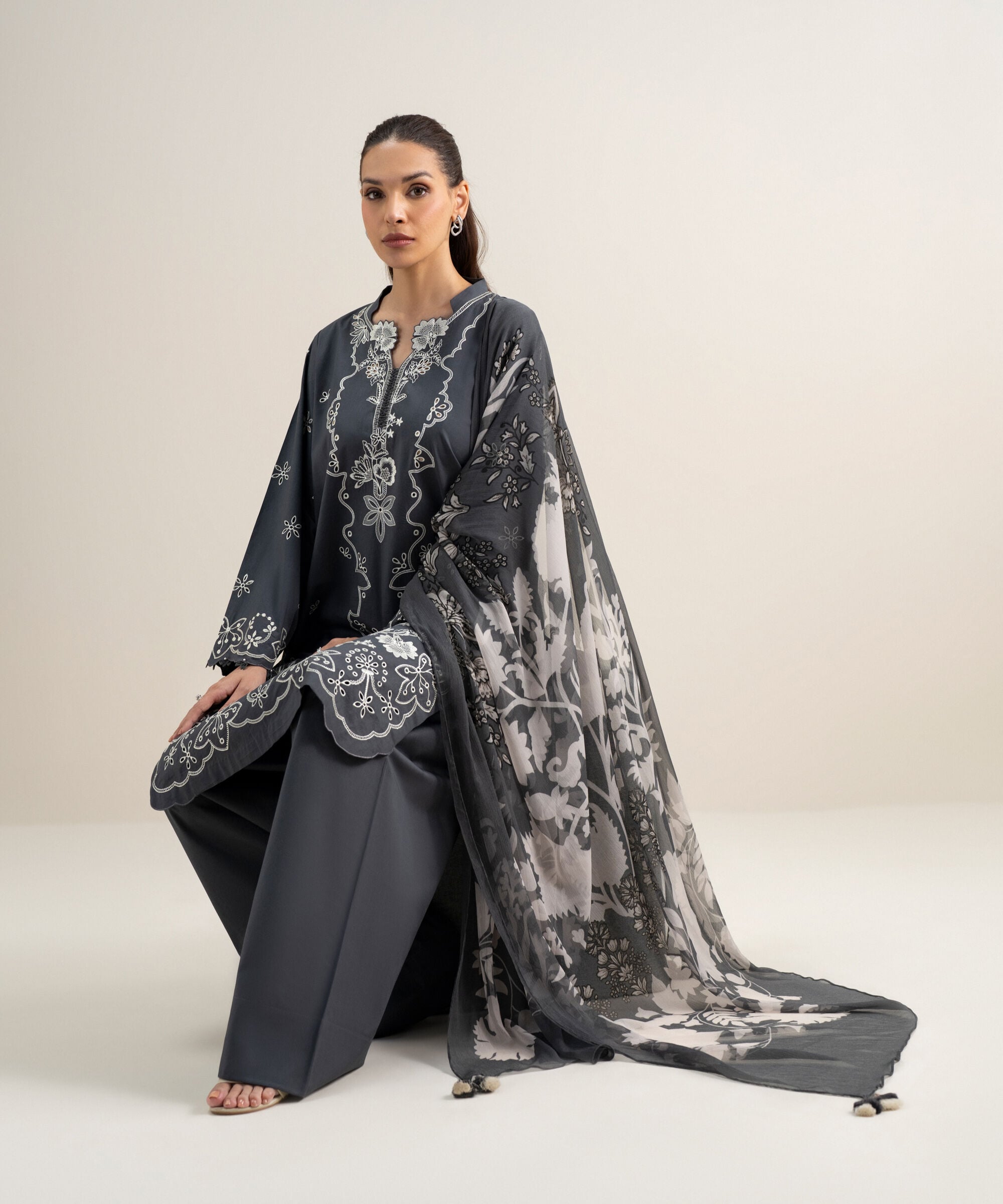 Women's Unstitched Textured Lawn Embroidered Grey 3 Piece Suit