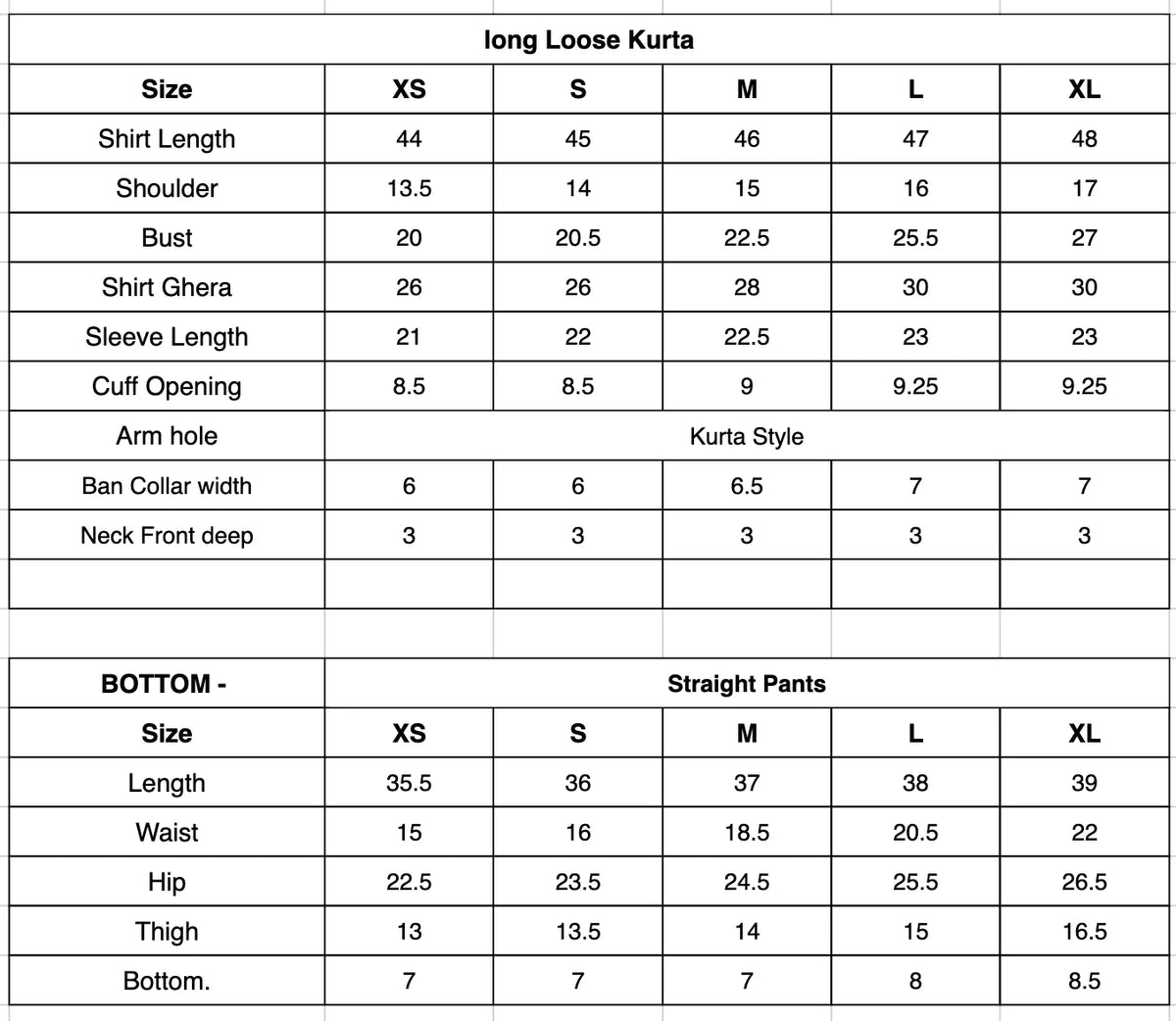 Size Chart (inches)